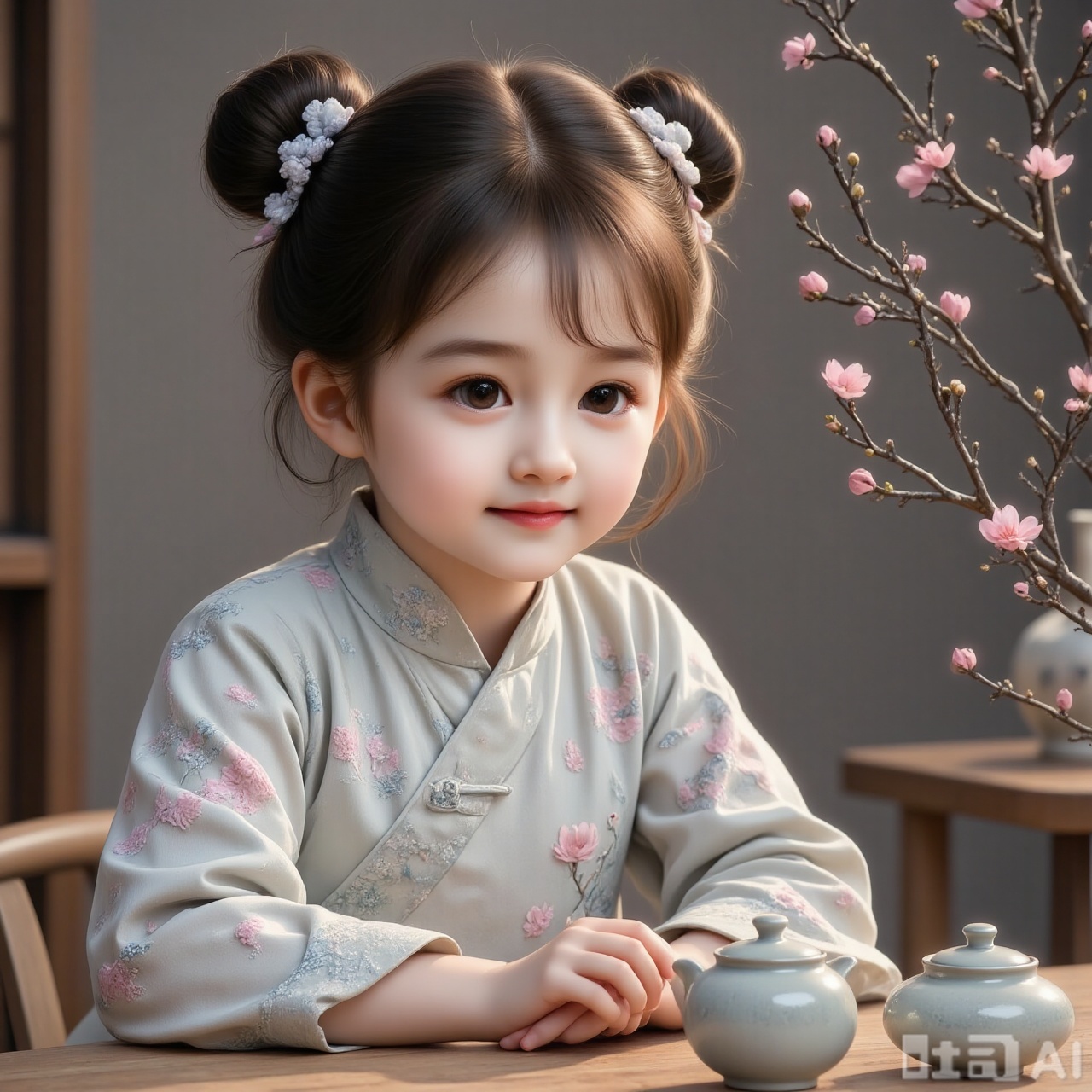 New Chinese Zen style, Chinese beauty tied up her loose bun and inserted a wooden hairpin. Wearing a plain ramie gown, embroidered with light gray lotus, paired with indigo cotton and linen. The scene is a simple teahouse, with a stone pottery tea set on the wooden tea table, and there are dead branches and plum blossoms on the table, with sandalwood lingering, and the light is soft and quiet. With a simple and natural Chinese aesthetic, it highlights the tranquility and elegant temperament of the beauty.
