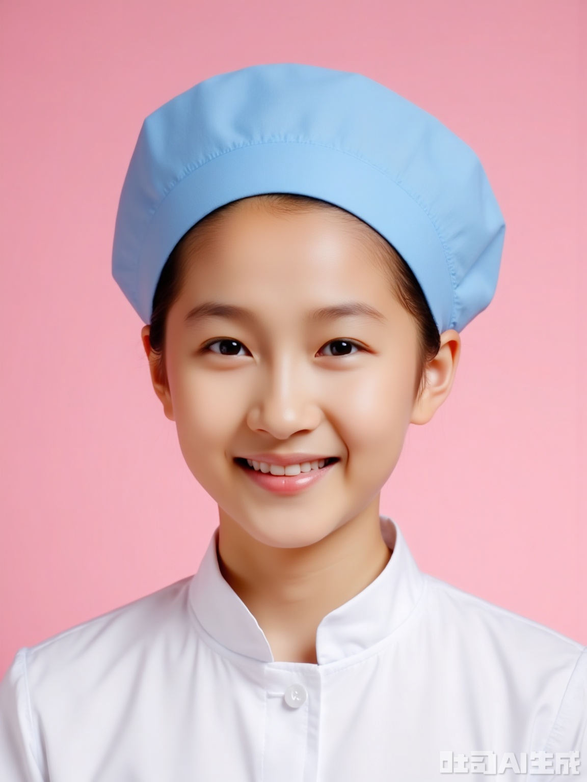 **Scene**: Light pink background, soft light on the top + facial reflector, warm and soft light, in line with the humanistic care atmosphere of the medical industry.  
**People**: Wearing a white nurse's uniform and a blue nurse's hat (with the brim of the hat as close as the eyebrows), the hair is tied into the hat with a hair net, revealing the forehead and ears. The expression is gentle and friendly, the eyes are smiling, and the camera is looking at the camera, showing the patience and affinity of medical staff, with natural makeup and a strong complexion, which meets the hospital's standard requirements for the image of nurses.  
**Ambient**: Warm and intimate, conveying the meticulousness and love of nursing work.  
**Parameters**: 6K resolution, f/3.5 aperture, shutter 1/100s, ISO 200, 50mm lens, focus locking face, uniform pleats and hat badges are clear details, background color value #FFE4E1.
