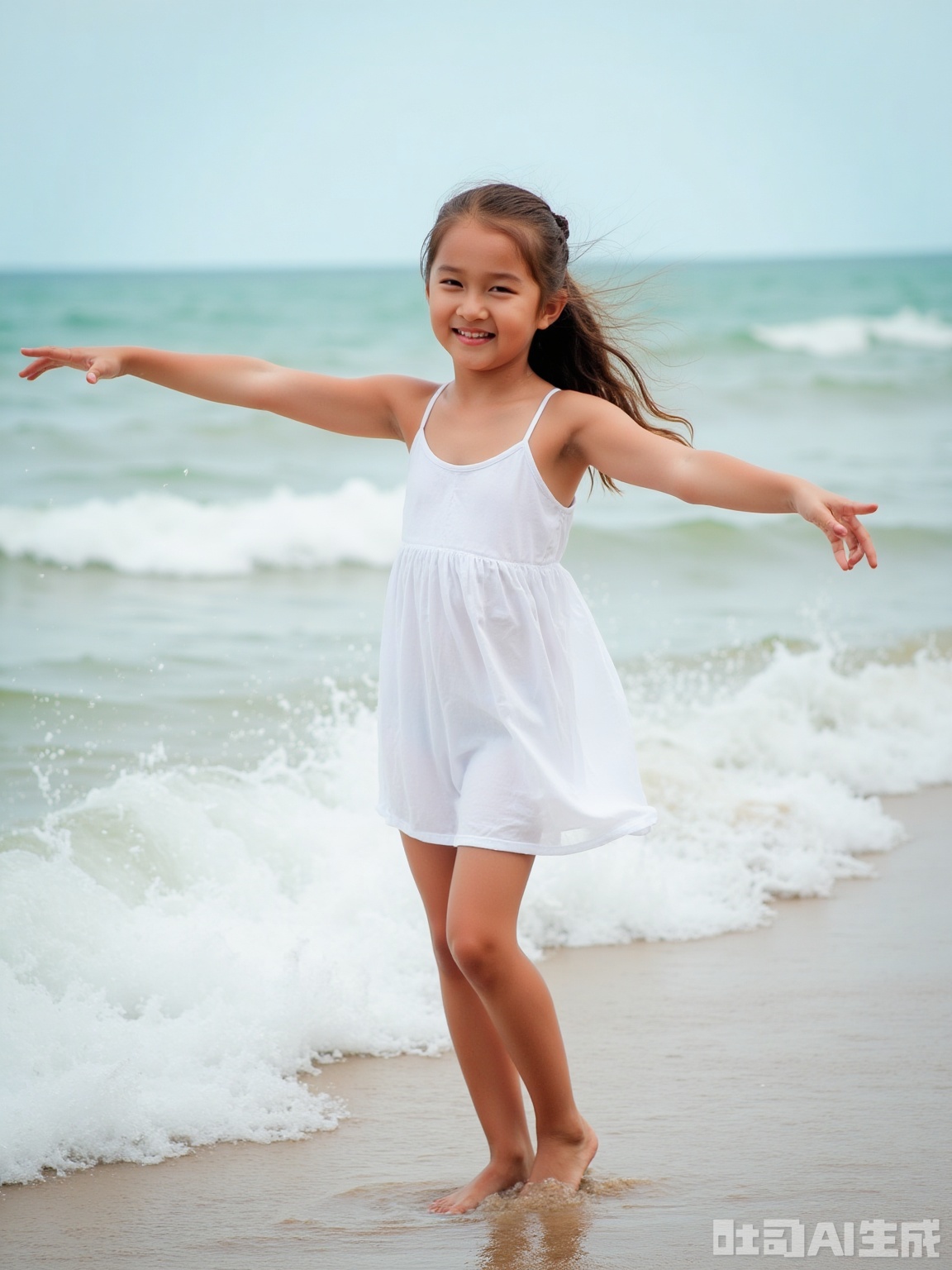 A girl smiling and reaching out towards the waves, standing in a dynamic pose with soft lighting. She wears a white sundress and is barefoot, with wind-blown hair. Sparkling sea and splashing water surround her. Her hands are perfect and cute, creating a perfect image of best quality and a masterpiece.