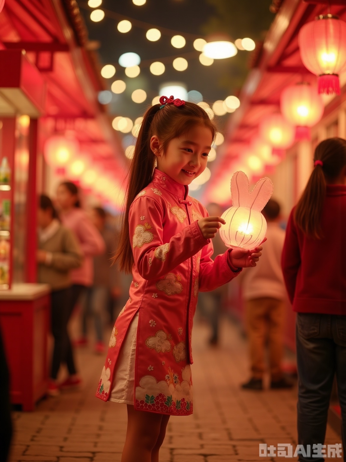 Scene: In the ancient Lantern Festival, the bluestone road reflects red lanterns, the paper umbrella shop and rouge shop are warm, the sugar painting stall is surrounded by children, and the fragrance of fried chestnuts is floating in the air. Character: A 10-year-old girl tied a high ponytail, tied a red-rope hair accessories, wore a modified Hanfu short skirt, with cloud patterns embroidered on the upper jacket, and a gradient firework pattern on the hem of the skirt. He held a rabbit lantern in his hand, jumping and watching the candy painter painter painted. His bangs turned red by the lanterns, and his little tiger teeth were revealed when he smiled, and the firework patterns on the hem of his skirt flashed with the action. Atmosphere: Lively and sweet, it is the lively little girl in the lantern festival in the ancient alley Parameters: 8K resolution, f/1.8 aperture, shutter speed 1/150s, ISO 1600, 35mm lens, warm yellow light simulated night market, 30% red and gold tone, dynamic blur 12% to show the crowd lively

