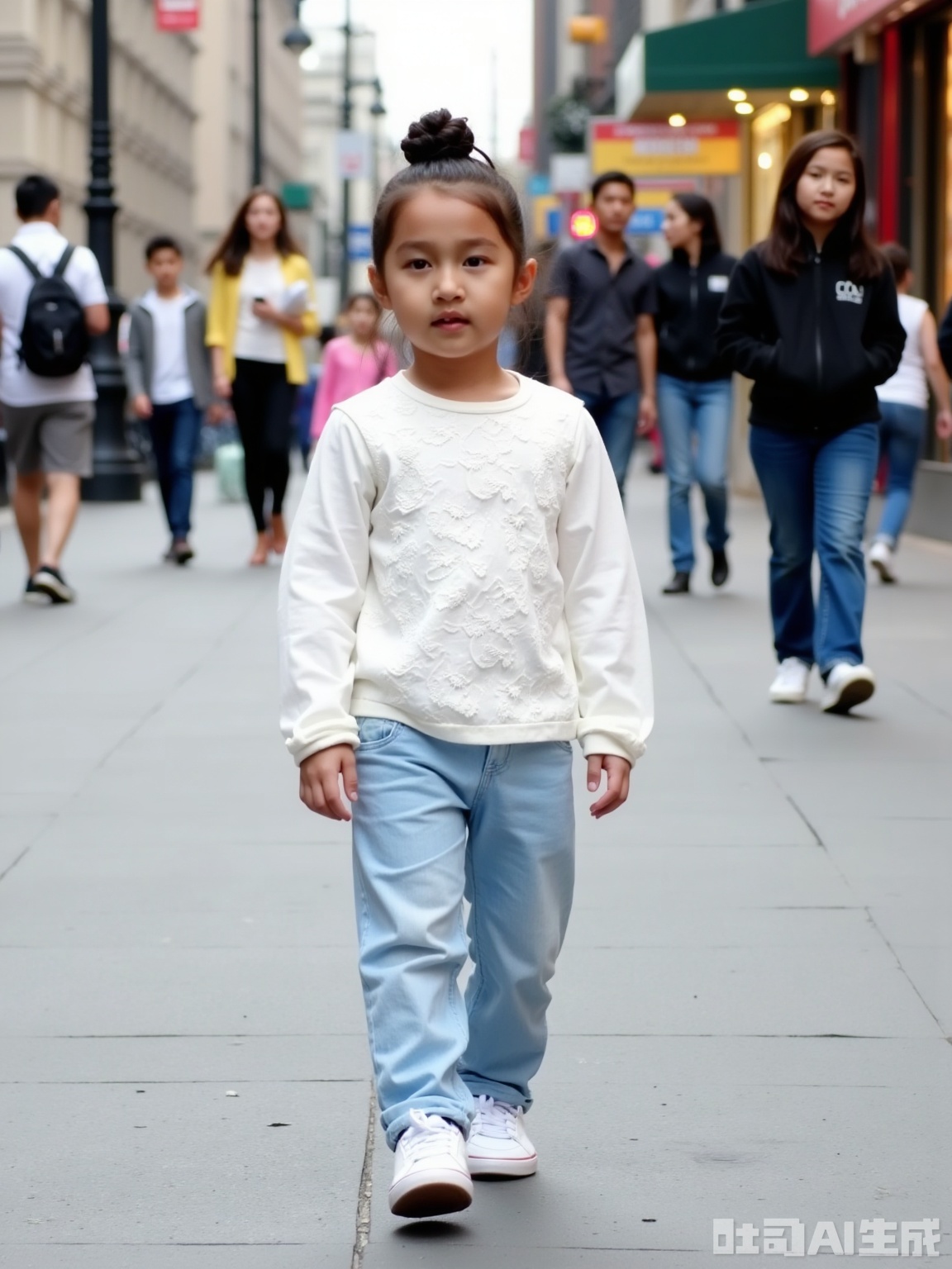 The image shows a young child walking on a city street. The child is wearing a white, long-sleeved top with floral lace patterns and light blue jeans. They are also wearing white sneakers. The background features a busy urban environment with people walking on the sidewalk, storefronts, and a traffic light. The child is the central focus of the image, with the surroundings providing context to the scene.