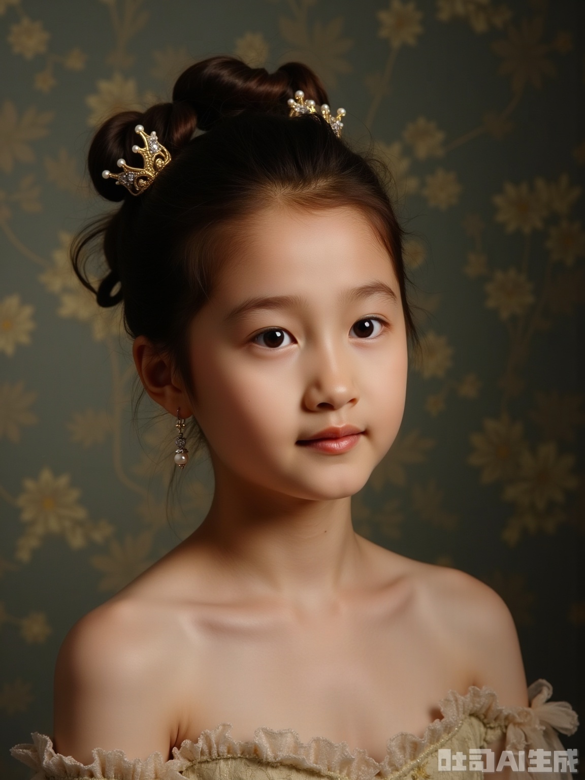 Scene: The textured background of the 18th century oil painting, the linen and gray walls are used to treat, the fine mottled traces are hand-polished, the 60° side backlight simulates candlelight, and the reflector on the left adds soft white outline light to create a classical salon portrait atmosphere. Character: The girl is combed with a high bun, inlaid with pearl strings and miniature crowns (Crown details: Victoria's Little Crown 1:12 replica, inlaid with Swarovski imitation diamonds), and the hair is fixed with fishing lines to present the Renaissance hairstyle curves. Wear Akoya pearl earrings (7mm in diameter, with natural growth texture), exposed shoulders, use highlight fluid to simulate the "highlight spot color method" of classical oil paintings at the collarbone, retaining 0.3mm of natural velvet on the shoulders (visible under the macro lens), and the neck muscles show slight ups and downs with breathing 0.1°. Atmosphere: Replicate the texture of the portraits of European aristocrats in the 1850s, use light and shadow and details to create "touchable classical beauty", so that the girl becomes the protagonist of mobile oil paintings. Parameters: 8K resolution, f/2.5 large aperture (blurry mottled background, highlighting characters), shutter 1/100s (muscle tremor caused by frozen sensation), ISO 800 (intensify candlelight warm yellow noise), use 90mm macro lens (capture pearl texture and hair velvet), increase 25% ochre tone (simulate the oxidation effect of oil painting pigments), highlight 5% grayscale (replicate the "dark light and color transmission" technique of classical portraits).
