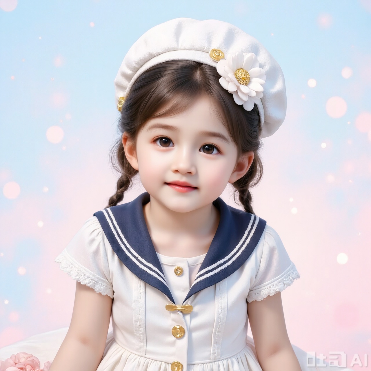 The image depicts a young girl dressed in a sailor-style outfit. She is wearing a white dress with navy blue trim and gold buttons, along with a matching white beret adorned with a large white flower and a gold emblem. Her hair is styled in two braids, and she has a gentle expression on her face. The background is a soft gradient of pastel colors, primarily light blue and pink, creating a serene and dreamy atmosphere.
