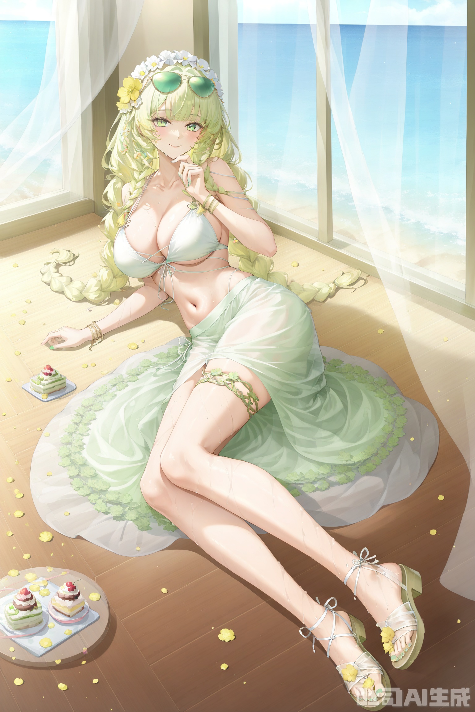 buxiu, long blonde hair, big light green eyes, big breasts, long legs, bangs, some hair quilts combed into two braids, lying on side in the sea view room, floor-to-ceiling windows, wooden floors, outside the window is the sea, wearing a light green summer long skirt, light green sunglasses, collarbone, light green nail polish, dessert, smile, transparent open-toed sandals on the feet, flower headdress on the toes, lace green leg rings, underarms, exposed navel, and one hand supports the chin,Legs together