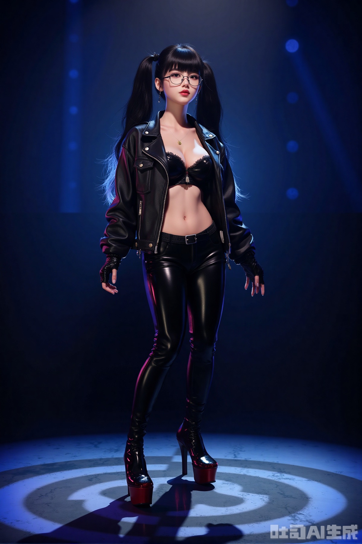 Realistic photo of a young woman, bangs, long ponytails, glasses, fair skin, big breasts, leather jacket, shiny leather pants, long legs, red high heels, full body, standing on the dazzling stage, singing,