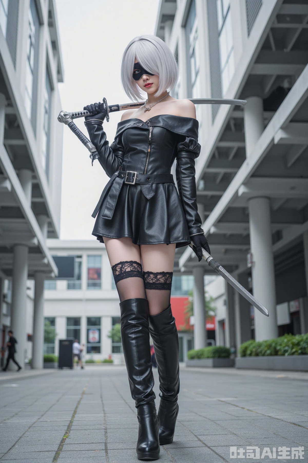Realistic photo of a young woman, eye mask, short white hair, off-shoulder leather jacket, short leather skirt, lace stockings, long legs, high heeled leather boots, full body, holding a long Katana, modern cyberpunk city,