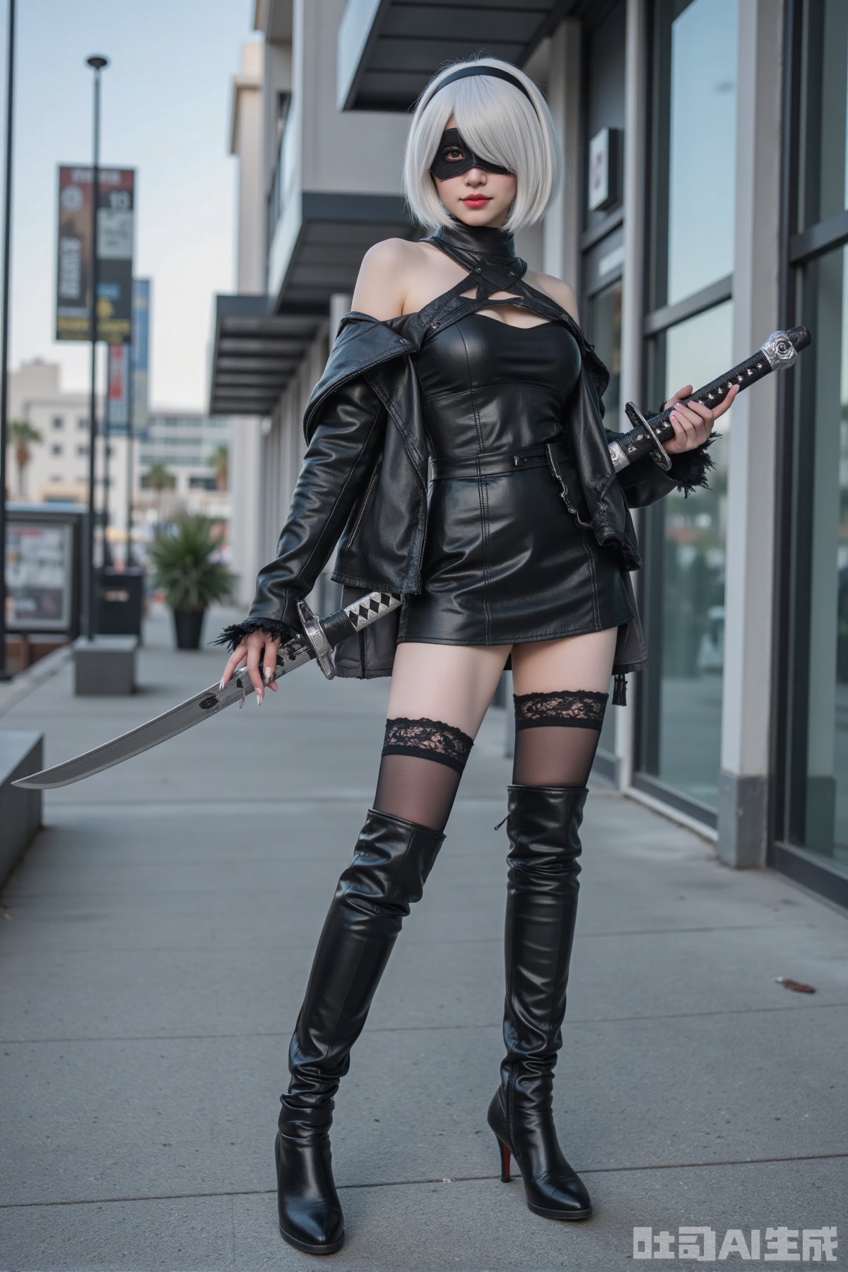 Realistic photo of a young woman, eye mask, short white hair, off-shoulder leather jacket, short leather skirt, lace stockings, long legs, high heeled leather boots, full body, holding a long Katana, modern cyberpunk city,