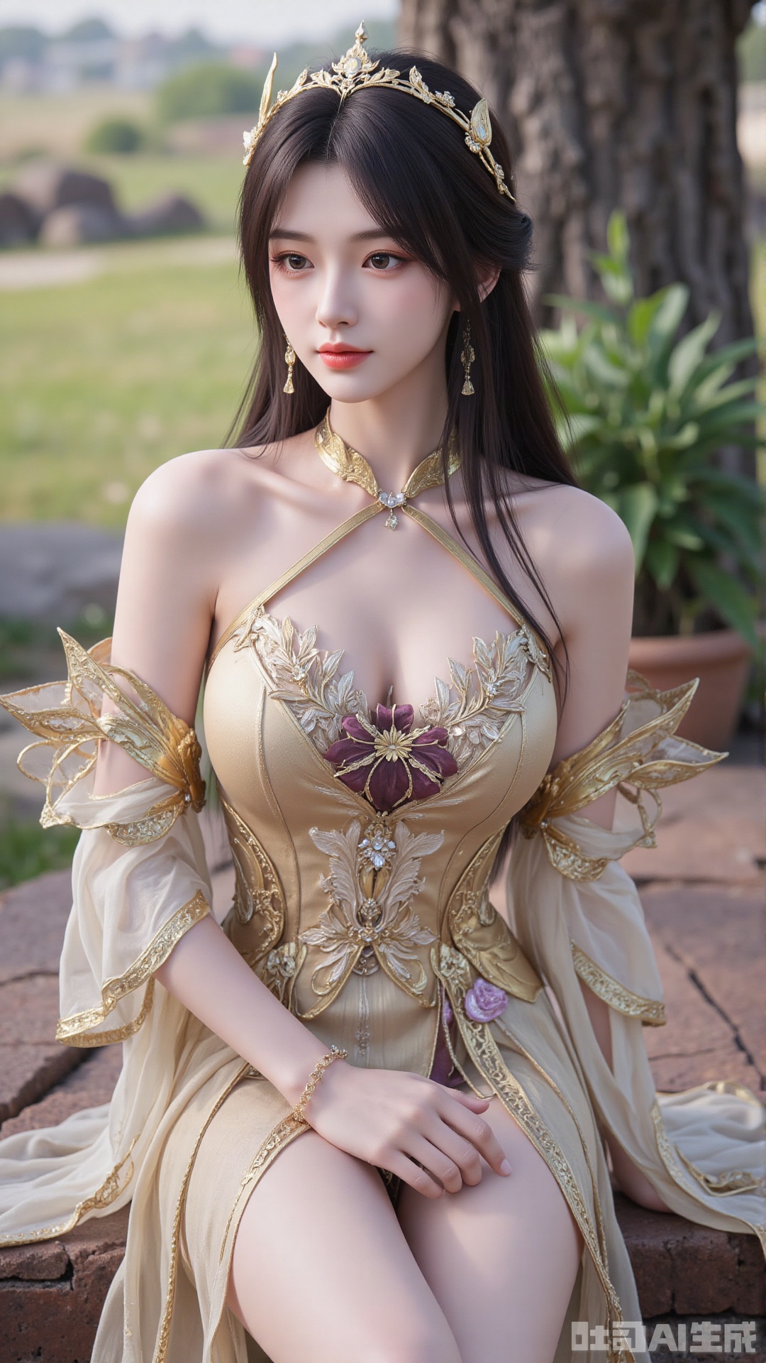 1girl, long hair, solo, dress, hair ornament, mischevious smile, perfect body, scenery, sharp focus, best quality, masterpiece, detailed outfit, illustration, perfect eyes, finely detailed beautiful anime eyes, realistic skin, intricate details, best lighting, depth of field, ultra high resolution, sitting