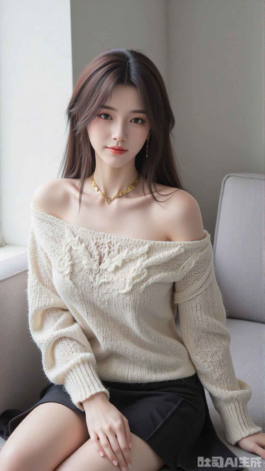 1girl, solo, long hair, looking at viewer, smile, sitting, collarbone, off shoulder, sweater, messy hair, realistic