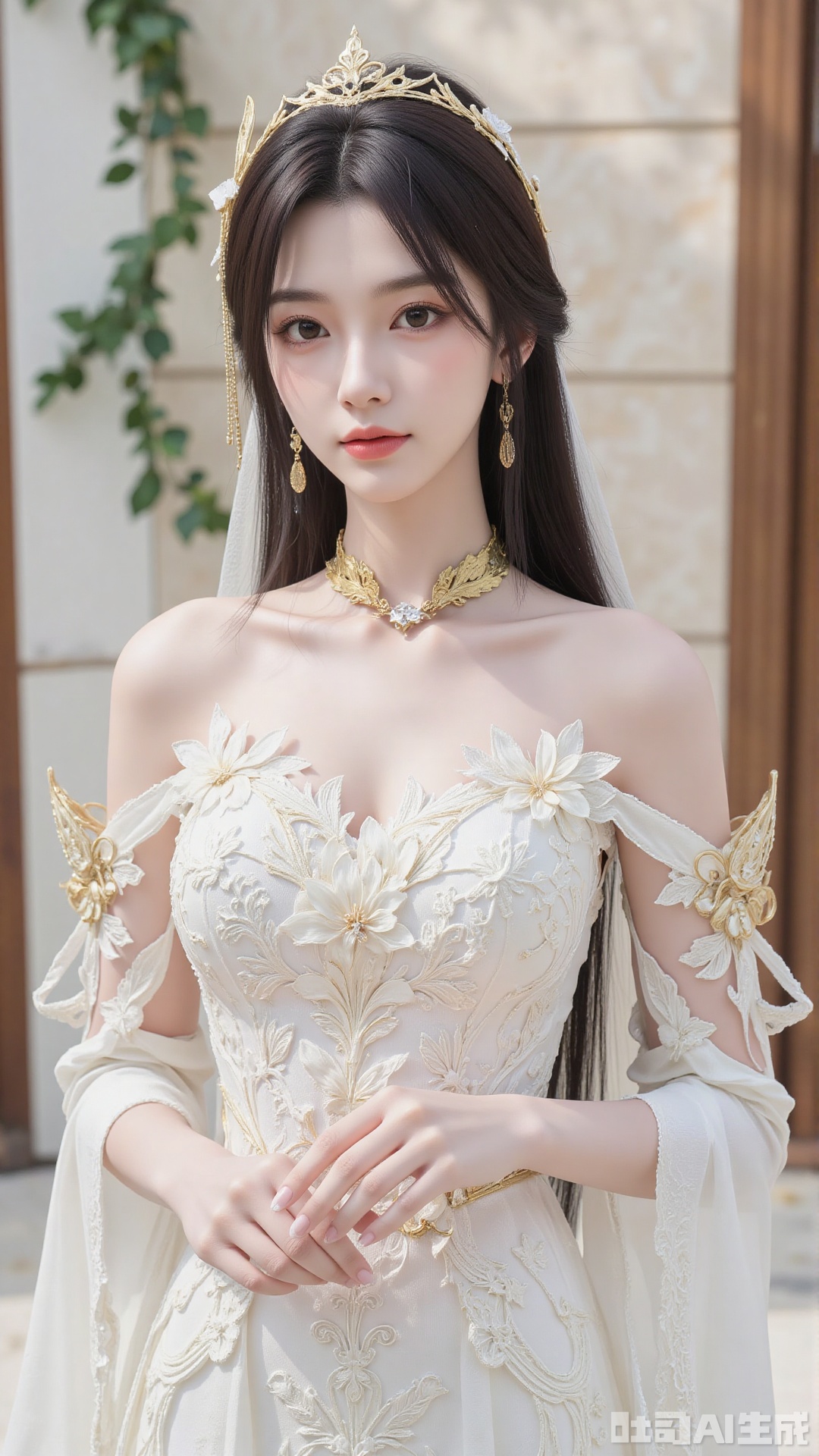 1girl, white wedding dress,looking at viewer, mischevious smile, perfect body, scenery, sharp focus, best quality, masterpiece, detailed outfit, illustration, perfect eyes, finely detailed beautiful anime eyes, realistic skin, intricate details, best lighting, depth of field, ultra high resolution, cowboy_shot, bride