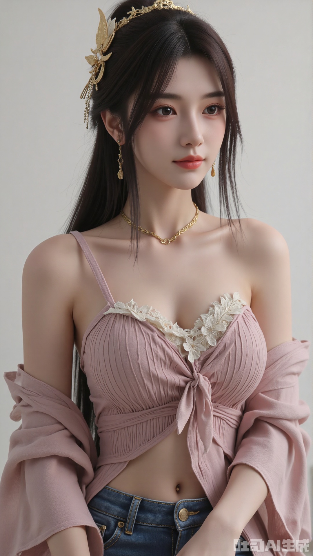 1girl, solo, long hair, looking at viewer, smile, sitting, collarbone, off shoulder, sweater, messy hair, realistic