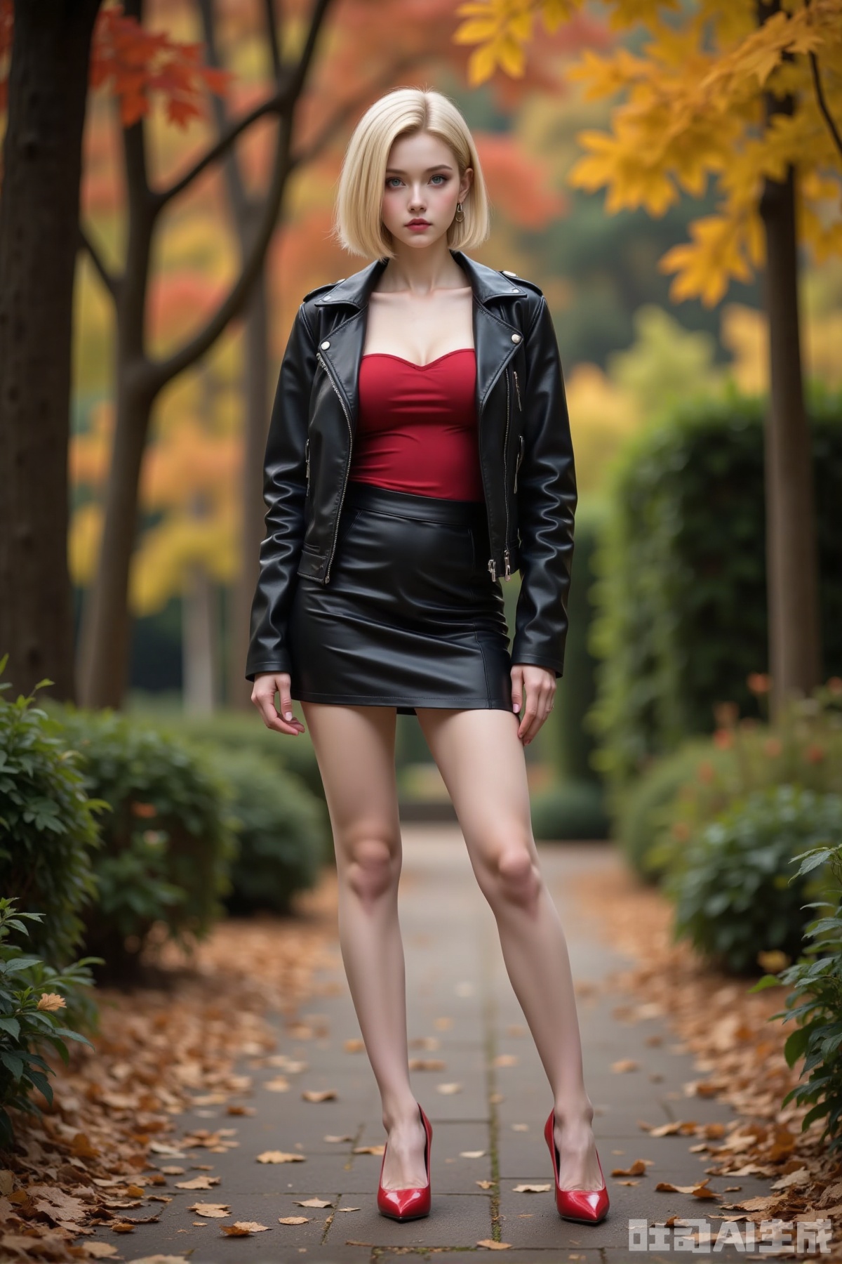 Realistic photo of a young woman with short blond hair, fair skin, big breast, strapless, leather jacket, short leather skirt, long legs, red high heels, full body, autumn garden,