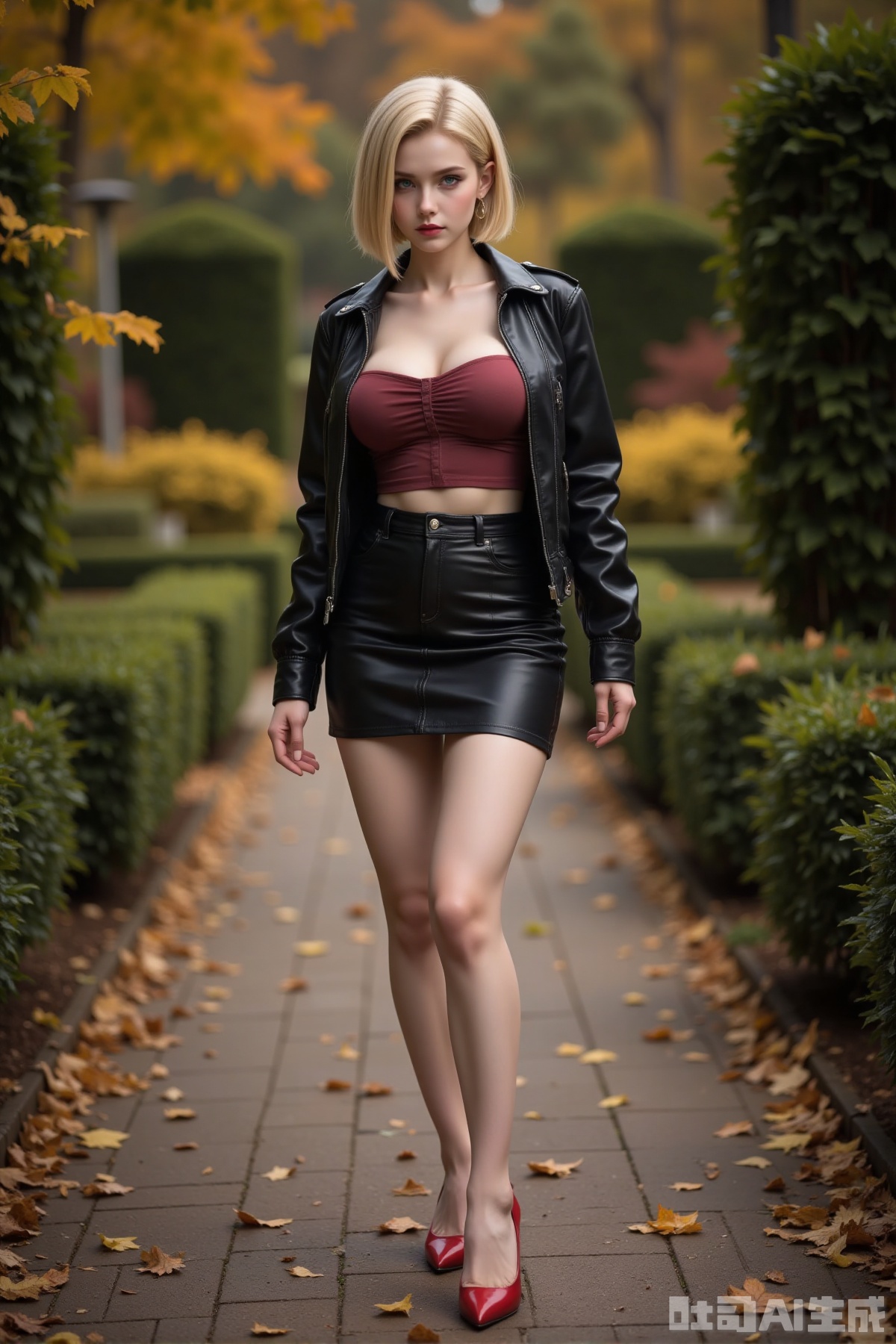 Realistic photo of a young woman with short blond hair, fair skin, big breast, strapless, leather jacket, short leather skirt, long legs, red high heels, full body, autumn garden,