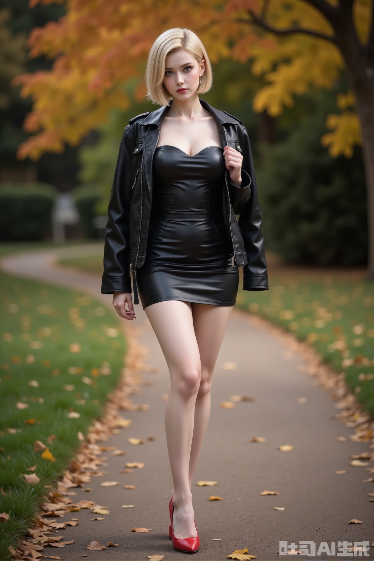 Realistic photo of a young woman with short blond hair, fair skin, big breast, strapless, leather jacket, short leather skirt, long legs, red high heels, full body, autumn garden,