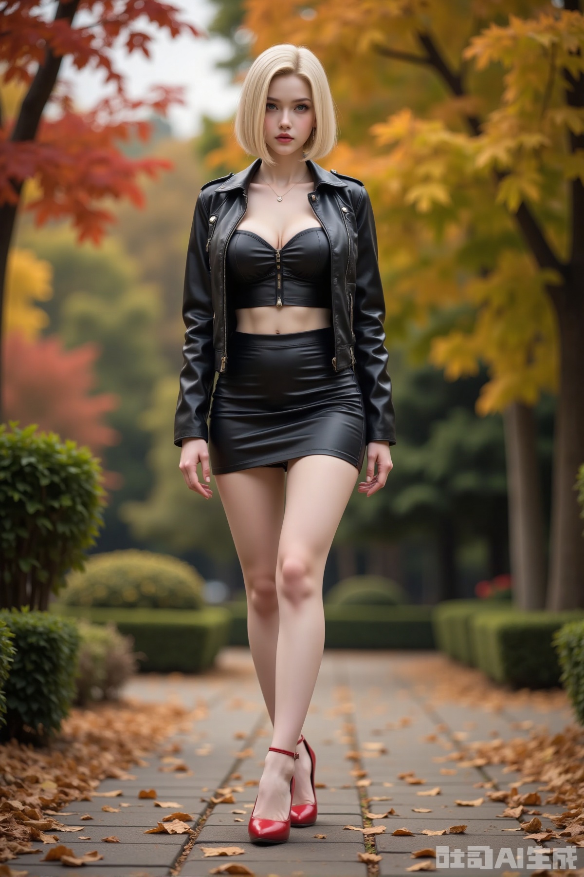 Realistic photo of a young woman with short blond hair, fair skin, big breast, strapless, leather jacket, short leather skirt, long legs, red high heels, full body, autumn garden,
