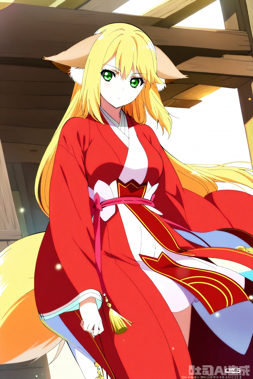 1girl, solo, long hair, breasts, looking at viewer, bangs, skirt, blonde hair, long sleeves, animal ears, hair between eyes, very long hair, closed mouth, green eyes, japanese clothes,wide sleeves, kimono, animal ear fluff, sash, fox ears, Red Kimono,Red Hanfu,masterpiece,best quality,official art,extremely detailed CG unity 8k wallpaper,