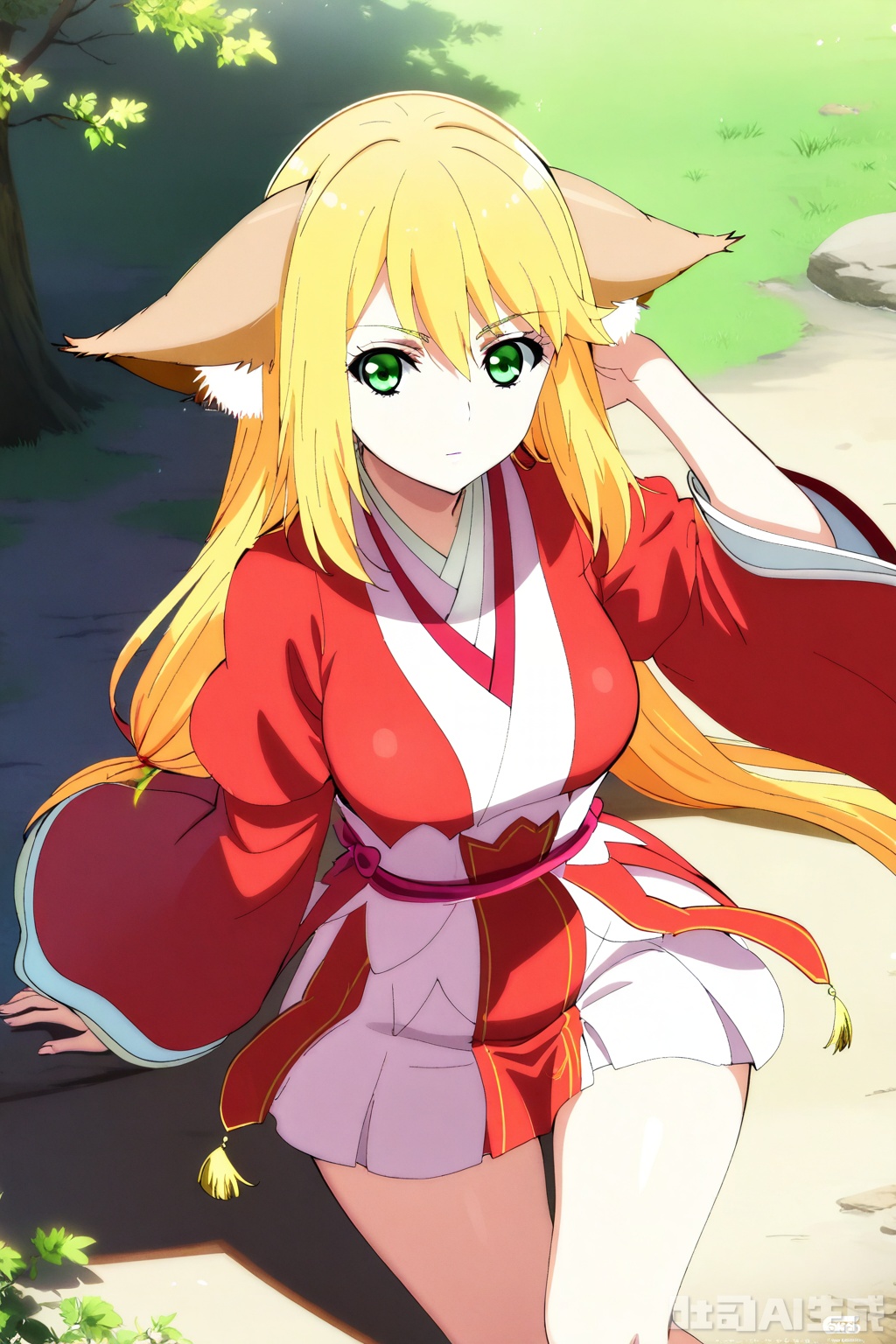 1girl, solo, long hair, breasts, looking at viewer, bangs, skirt, blonde hair, long sleeves, animal ears, hair between eyes, very long hair, closed mouth, green eyes, japanese clothes,wide sleeves, kimono, animal ear fluff, sash, fox ears, Red Kimono,Red Hanfu,masterpiece,best quality,official art,extremely detailed CG unity 8k wallpaper,