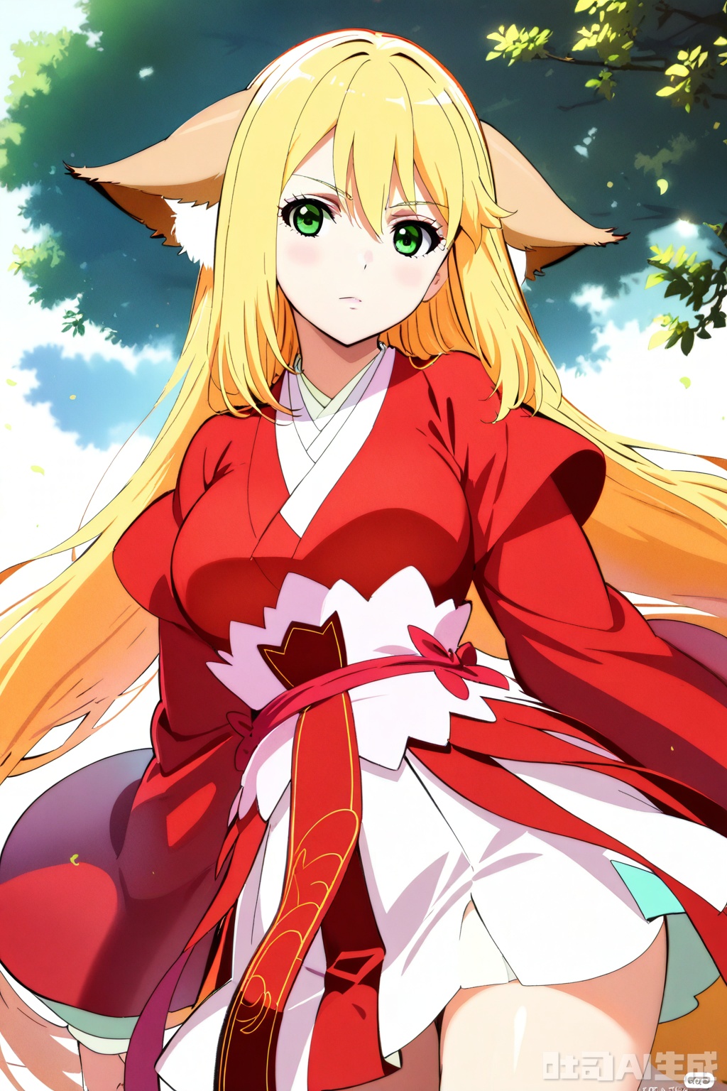 1girl, solo, long hair, breasts, looking at viewer, bangs, skirt, blonde hair, long sleeves, animal ears, hair between eyes, very long hair, closed mouth, green eyes, japanese clothes,wide sleeves, kimono, animal ear fluff, sash, fox ears, Red Kimono,Red Hanfu,masterpiece,best quality,official art,extremely detailed CG unity 8k wallpaper,