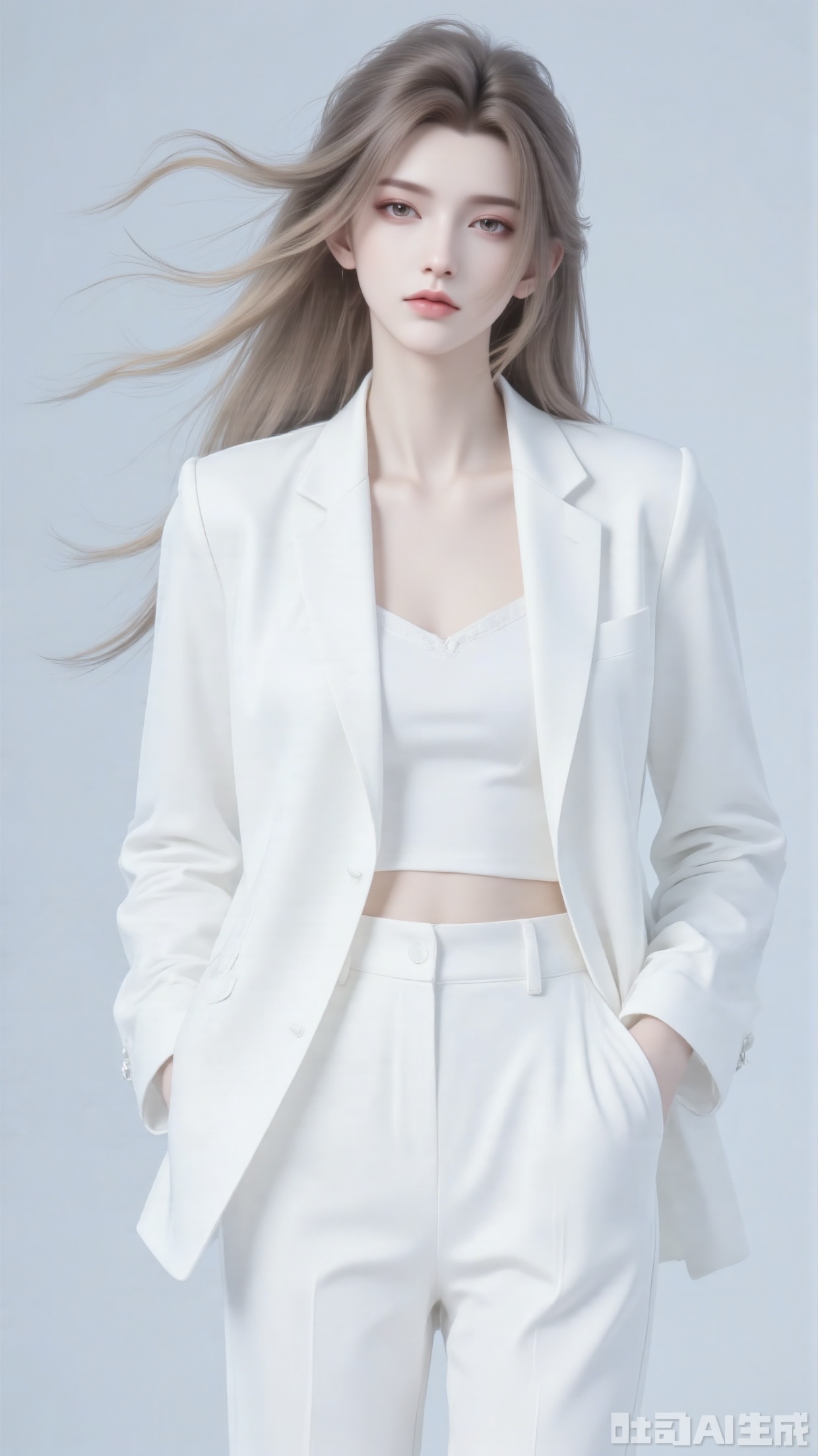 Character：A young woman exuding elegance and confidence, with a poised and stylish presence.
Art Style：Soft - focused, minimalist realism. Features smooth gradients and gentle lighting, creating a refined, high - end fashion - editorial vibe.
Composition：Central composition, the figure occupies the main visual space, balanced and straightforward to highlight the subject.
Posture & Action：Stands upright, hands in suit pockets, conveying a relaxed yet assertive stance. Hair flows naturally, adding a dynamic touch.
Shooting Perspective：Eye - level frontal view, establishing direct visual contact, enhancing intimacy and focus on the character.
Expression：Subtle, calm, with a hint of serenity. Eyes are gentle yet composed, matching the overall understated elegance.
Hairstyle：Long, flowing hair with natural waves, partially blown by wind, softening the formal attire.
Clothing：All - white ensemble: tailored blazer, sleek camisole, and high - waisted trousers. Clean lines, minimalist design, emphasizing sophistication.
Makeup：Natural - looking, light makeup. Subtle contouring, soft lips, and understated eye makeup to maintain a fresh, polished look.
Matching & Decoration：Monochromatic white tones for a cohesive, minimalist aesthetic. No extra accessories, letting the tailored suit speak for itself.
Background：Simple, light - colored gradient (pale blue - gray), non - distracting, ensuring full attention on the character.
Image Quality：High - resolution with smooth textures, refined details in clothing folds and hair strands. Clean, crisp rendering for a professional finish.