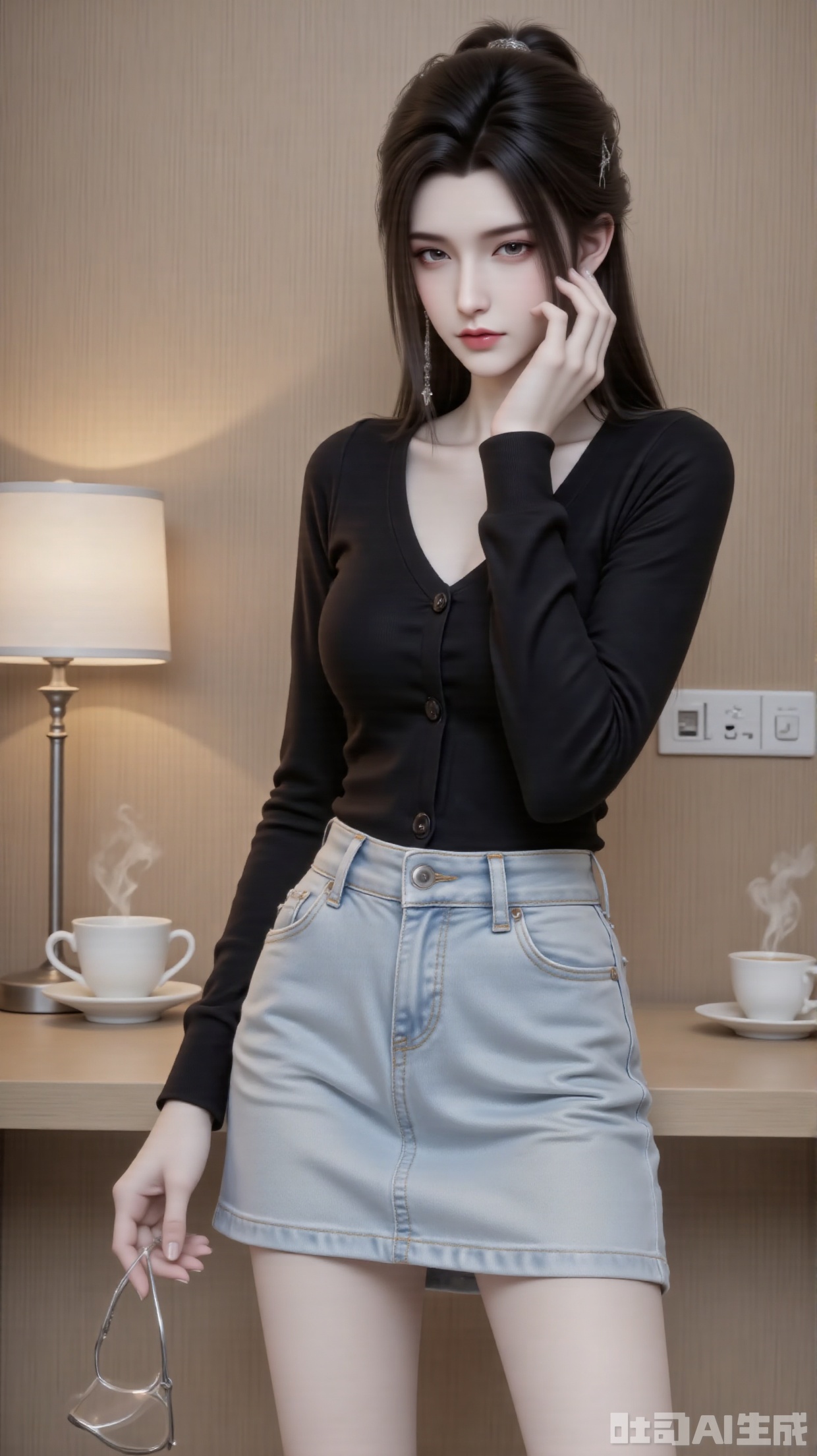 Character
 
A young woman exuding an elegant and intellectual charm, set in a modern, casual - chic environment. She has a slender, well - proportioned figure, radiating refined confidence.
 
Art Style
 
Photorealistic with a polished, high - end digital touch. Boasts ultra - detailed textures (such as fabric weave, skin smoothness) and soft, natural lighting, emulating a professional portrait or lifestyle photoshoot.
 
Composition
 
Centrally composed, with the character as the focal point. Balanced by background elements (desk, lamp, cup) that frame her without causing distraction, ensuring a harmonious visual flow.
 
Posture & Action
 
Casually leans against a desk, one hand holding a tablet (implying work or leisure), the other gently touching her glasses. Conveys a relaxed yet focused demeanor, blending comfort and sophistication.
 
Shooting Perspective
 
Eye - level frontal view, establishing direct and intimate engagement. Makes the viewer feel “present in the room” with her, enhancing relatability.
 
Expression
 
Calm and composed, with a hint of quiet concentration. Her eyes are attentive, focused on the tablet, adding to the intellectual and approachable aura.
 
Hairstyle
 
Long, sleek black hair styled in a half - up, half - down manner—partially tied into a neat high ponytail, with loose strands framing the face. Balances professionalism and softness.
 
Clothing
 
A form - fitting black V - neck cardigan (buttoned, long - sleeved) paired with a high - waisted, light - wash denim mini - skirt. The contrast between the fitted top and structured skirt creates a modern, stylish silhouette.
 
Makeup
 
Subtle, natural - looking makeup: smooth skin finish, defined yet understated eyebrows, and muted lip color. Enhances natural features without being overpowering, aligning with the “effortlessly chic” vibe.
 
Matching & Decoration
 
Minimalist yet cohesive: the black top contrasts with the light denim, while delicate accessories (a simple necklace) add understated elegance. No excessive adornment—letting the outfit and posture take the spotlight.
 
Background
 
A warm, contemporary indoor setting: a wall with a wooden texture, a desk with a minimalist lamp, a power strip, and a white coffee cup (with subtle steam, adding a touch of life to the scene). Suggests a home office or hotel room—private, comfortable, and stylish.
 
Image Quality
 
Ultra - high resolution with sharp details (e.g., fabric texture, hair strands, skin pores). Colors are natural and balanced, lighting is soft yet crisp, resulting in a professional, magazine - worthy finish.