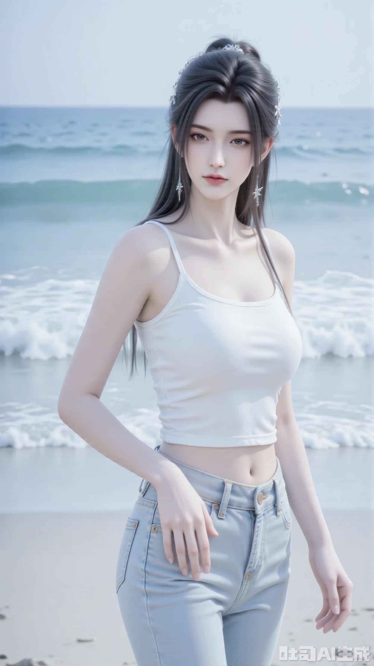 Character
 
A young woman with an elegant and natural vibe, set against a seaside backdrop. She has a slender, well - proportioned figure, radiating a sense of relaxed charm.
 
Art Style
 
Photorealistic with a soft, dreamy aesthetic. Features gentle lighting and muted tones, capturing a serene, picturesque seaside mood.
 
Composition
 
Centrally composed, with the character as the focal point. The ocean and beach in the background frame her, creating a harmonious balance between the subject and the natural setting.
 
Posture & Action
 
Stands with her back to the viewer, slightly turned to the side. Her posture is relaxed yet poised, with one hand resting lightly by her side, conveying a sense of calm presence by the sea.
 
Shooting Perspective
 
A slightly low - angle, rear - facing view. This perspective emphasizes her silhouette against the ocean, adding depth and a sense of immersion in the seaside environment.
 
Expression
 
Though her face is partially turned, her expression appears tranquil and contemplative, fitting the peaceful coastal atmosphere.
 
Hairstyle
 
Long, sleek black hair styled in a half - up, half - down look—partially tied in a high bun, adorned with delicate hair accessories (like a starfish - shaped clip). Balances casualness and elegance.
 
Clothing
 
A form - fitting white short - sleeved shirt paired with high - waisted, light - wash denim jeans. The simple, casual outfit complements the relaxed seaside setting.
 
Makeup
 
Subtle, natural - looking makeup: soft skin finish, defined but understated eyebrows, and muted lip color. Enhances her natural features without overpowering the laid - back vibe.
 
Matching & Decoration
 
Minimalist yet cohesive: the white shirt contrasts with the light denim, while delicate hair accessories add a subtle, seaside - inspired touch. No excess adornment—lets the natural setting and casual style stand out.
 
Background
 
A serene seaside scene: gentle ocean waves, a calm beach, and a clear sky. The natural, tranquil environment enhances the overall peaceful and aesthetic mood.
 
Image Quality
 
Ultra - high resolution with sharp details (e.g., fabric texture of the shirt, denim stitching, hair strands). Colors are soft and balanced, lighting is natural, creating a polished, postcard - worthy finish.