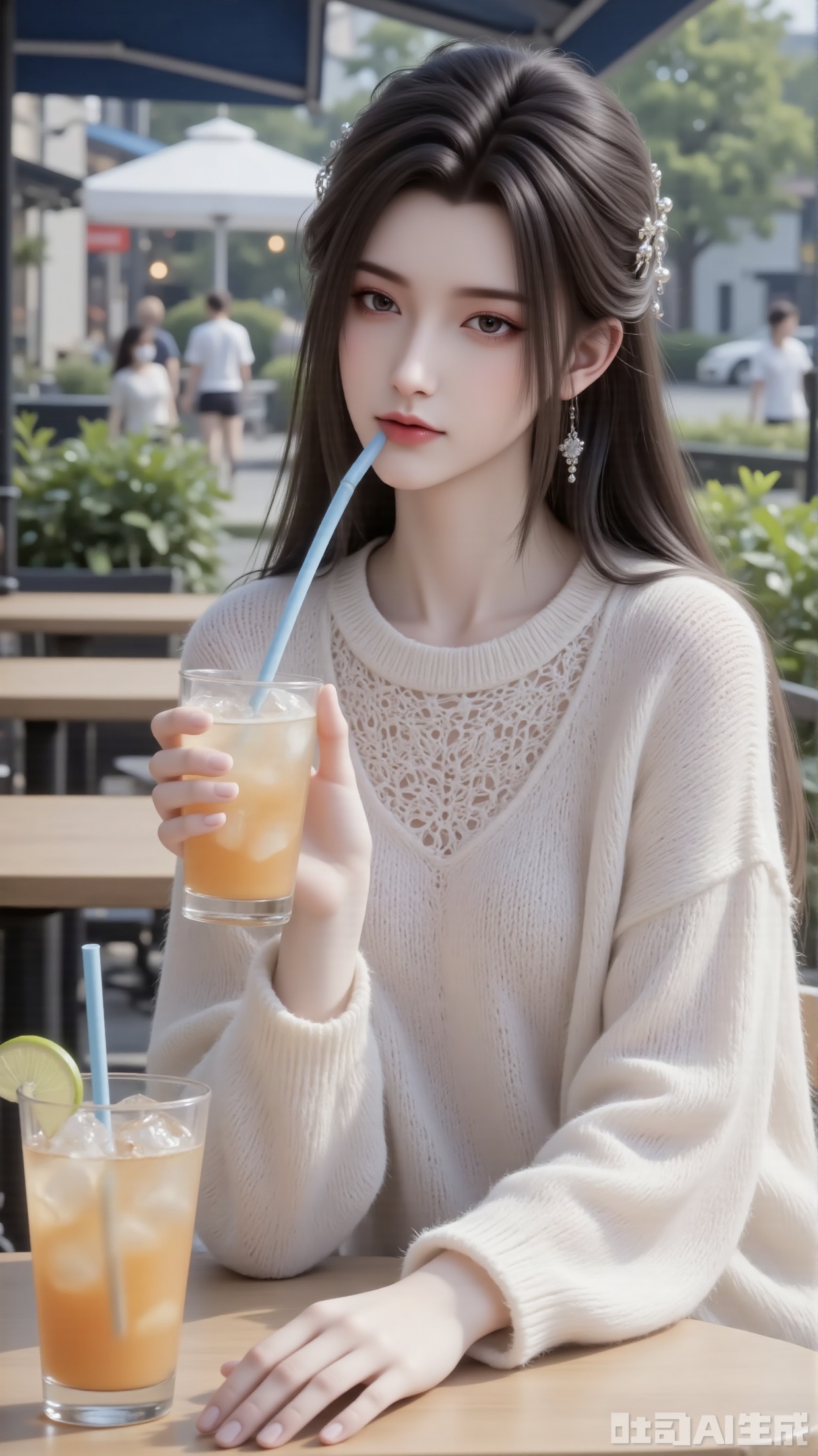 Character
 
A young woman with a gentle and casual vibe, enjoying a drink at an outdoor café. She has long, flowing hair and a relaxed posture.
 
Art Style
 
Photorealistic with a soft, warm - toned aesthetic. Captures fine details like the texture of the sweater and the drink, creating a lifelike and cozy atmosphere.
 
Composition
 
The character is the central focus, seated at a table with a large drink in the foreground. The background elements (other tables, people, greenery) frame her, adding depth to the scene.
 
Posture and Action
 
She sits at a table, holding a drink with a blue straw, appearing relaxed and at ease, as if savoring a moment of leisure.
 
Shooting Perspective
 
Eye - level perspective, making the viewer feel like they are sitting across from her, enhancing the intimate and relatable feel.
 
Expression
 
The expression is calm and content, suggesting a peaceful and enjoyable experience.
 
Hairstyle
 
Long, straight hair adorned with delicate hair accessories, adding a touch of elegance to the casual look.
 
Clothing
 
Wears a light - colored, knitted sweater, giving a comfortable and stylish appearance suitable for a relaxed outdoor setting.
 
Makeup
 
Subtle and natural makeup that complements her features, enhancing the overall gentle and approachable look.
 
Matching and Decoration
 
The simple yet stylish sweater pairs well with the casual café environment. The hair accessories add a refined detail without being overly elaborate.
 
Background
 
An outdoor café scene with wooden tables, people in the distance, greenery, and a blue awning, creating a lively yet relaxed atmosphere.
 
Image Quality
 
High - resolution with clear details, from the texture of the sweater to the ice cubes in the drink, presenting a polished and visually appealing result.