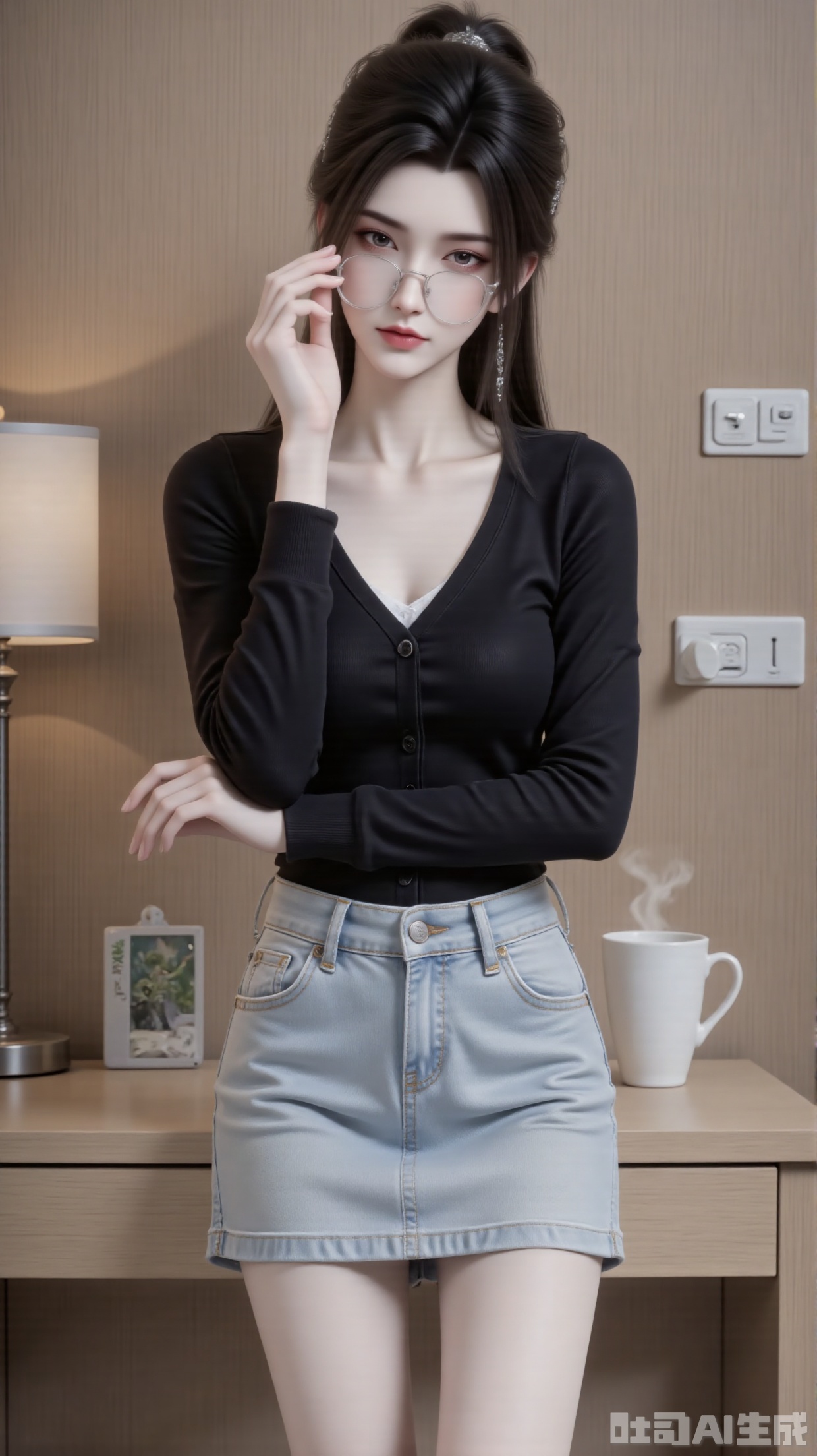 Character
 
A young woman exuding an elegant and intellectual charm, set in a modern, casual - chic environment. She has a slender, well - proportioned figure, radiating refined confidence.
 
Art Style
 
Photorealistic with a polished, high - end digital touch. Boasts ultra - detailed textures (such as fabric weave, skin smoothness) and soft, natural lighting, emulating a professional portrait or lifestyle photoshoot.
 
Composition
 
Centrally composed, with the character as the focal point. Balanced by background elements (desk, lamp, cup) that frame her without causing distraction, ensuring a harmonious visual flow.
 
Posture & Action
 
Casually leans against a desk, one hand holding a tablet (implying work or leisure), the other gently touching her glasses. Conveys a relaxed yet focused demeanor, blending comfort and sophistication.
 
Shooting Perspective
 
Eye - level frontal view, establishing direct and intimate engagement. Makes the viewer feel “present in the room” with her, enhancing relatability.
 
Expression
 
Calm and composed, with a hint of quiet concentration. Her eyes are attentive, focused on the tablet, adding to the intellectual and approachable aura.
 
Hairstyle
 
Long, sleek black hair styled in a half - up, half - down manner—partially tied into a neat high ponytail, with loose strands framing the face. Balances professionalism and softness.
 
Clothing
 
A form - fitting black V - neck cardigan (buttoned, long - sleeved) paired with a high - waisted, light - wash denim mini - skirt. The contrast between the fitted top and structured skirt creates a modern, stylish silhouette.
 
Makeup
 
Subtle, natural - looking makeup: smooth skin finish, defined yet understated eyebrows, and muted lip color. Enhances natural features without being overpowering, aligning with the “effortlessly chic” vibe.
 
Matching & Decoration
 
Minimalist yet cohesive: the black top contrasts with the light denim, while delicate accessories (a simple necklace) add understated elegance. No excessive adornment—letting the outfit and posture take the spotlight.
 
Background
 
A warm, contemporary indoor setting: a wall with a wooden texture, a desk with a minimalist lamp, a power strip, and a white coffee cup (with subtle steam, adding a touch of life to the scene). Suggests a home office or hotel room—private, comfortable, and stylish.
 
Image Quality
 
Ultra - high resolution with sharp details (e.g., fabric texture, hair strands, skin pores). Colors are natural and balanced, lighting is soft yet crisp, resulting in a professional, magazine - worthy finish.