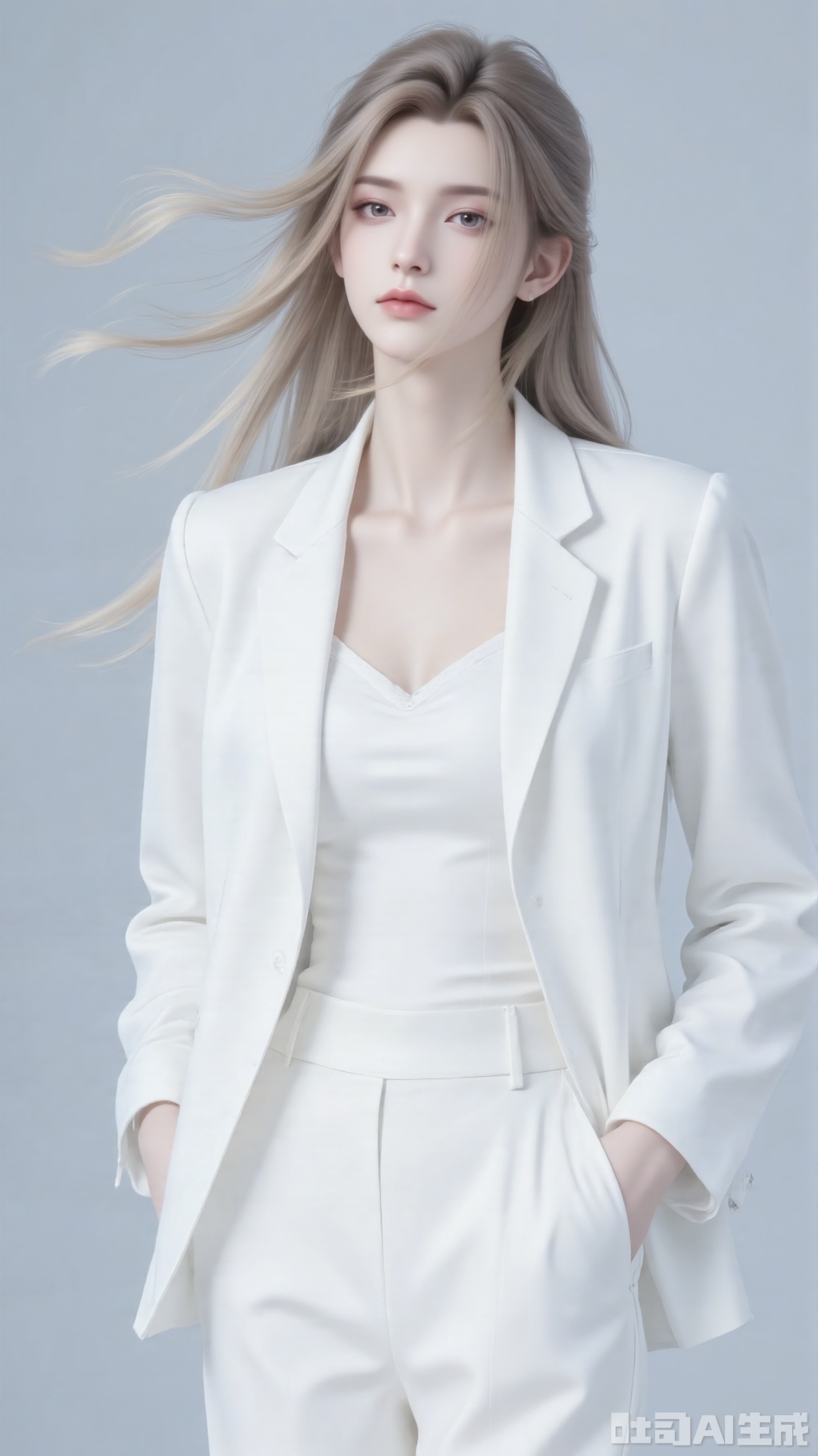 Character：A young woman exuding elegance and confidence, with a poised and stylish presence.
Art Style：Soft - focused, minimalist realism. Features smooth gradients and gentle lighting, creating a refined, high - end fashion - editorial vibe.
Composition：Central composition, the figure occupies the main visual space, balanced and straightforward to highlight the subject.
Posture & Action：Stands upright, hands in suit pockets, conveying a relaxed yet assertive stance. Hair flows naturally, adding a dynamic touch.
Shooting Perspective：Eye - level frontal view, establishing direct visual contact, enhancing intimacy and focus on the character.
Expression：Subtle, calm, with a hint of serenity. Eyes are gentle yet composed, matching the overall understated elegance.
Hairstyle：Long, flowing hair with natural waves, partially blown by wind, softening the formal attire.
Clothing：All - white ensemble: tailored blazer, sleek camisole, and high - waisted trousers. Clean lines, minimalist design, emphasizing sophistication.
Makeup：Natural - looking, light makeup. Subtle contouring, soft lips, and understated eye makeup to maintain a fresh, polished look.
Matching & Decoration：Monochromatic white tones for a cohesive, minimalist aesthetic. No extra accessories, letting the tailored suit speak for itself.
Background：Simple, light - colored gradient (pale blue - gray), non - distracting, ensuring full attention on the character.
Image Quality：High - resolution with smooth textures, refined details in clothing folds and hair strands. Clean, crisp rendering for a professional finish.