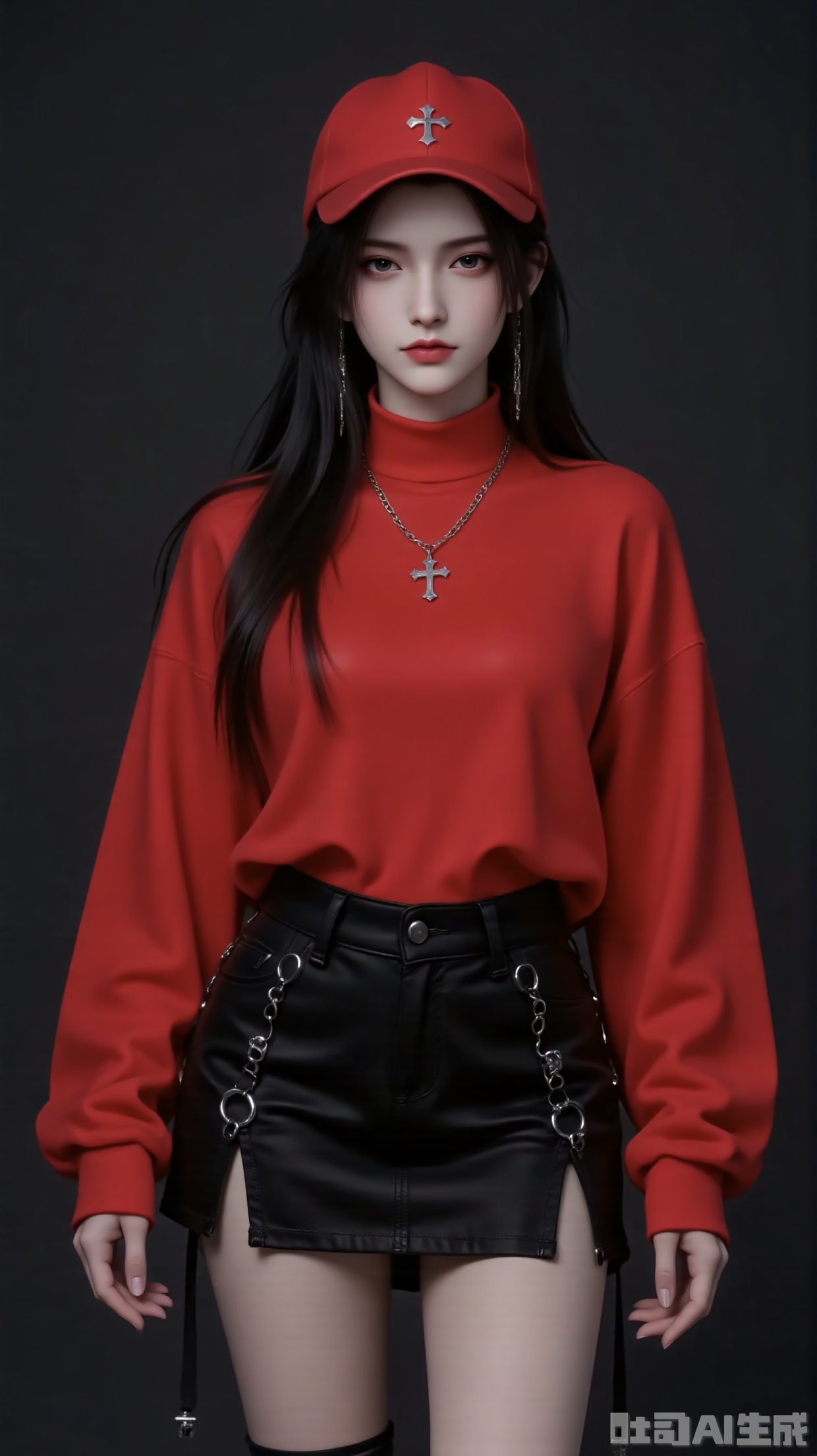 Character
 
A young woman with a cool, edgy style, showcasing a confident and fashionable presence.
 
Art Style
 
Photorealistic with a high - contrast, moody aesthetic. Features sharp details and bold colors (dominant red, black), creating a striking visual impact.
 
Composition
 
Centrally composed, with the character as the focal point. The plain dark background emphasizes her outfit and pose, ensuring all attention on her.
 
Posture & Action
 
Stands upright, with a relaxed yet self - assured posture. Her arms hang naturally by her sides, conveying a sense of calm confidence.
 
Shooting Perspective
 
Eye - level frontal view, establishing direct engagement. Highlights her full outfit and accessories clearly.
 
Expression
 
Calm and composed, with a hint of aloofness. Her gaze is steady, matching the edgy, fashion - forward vibe.
 
Hairstyle
 
Long, sleek black hair, partially tucked under a red cap. Adds to the overall cool, streetwear aesthetic.
 
Clothing
 
Oversized red turtleneck sweater + high - waisted black mini skirt (with side slits and chain details) + black thigh - high stockings (with crisscross straps). The outfit blends streetwear and gothic - inspired elements.
 
Makeup
 
Subtle yet defined: sharp eyeliner, muted lips, and smooth skin. Enhances her features without overpowering the bold outfit.
 
Matching & Decoration
 
Red cap (with silver cross emblem) + silver cross necklace + long earrings + chain accents on the skirt. Accessories reinforce the edgy, cohesive theme.
 
Background
 
Plain dark gray, non - distracting. Puts full emphasis on the character and her fashion - forward look.
 
Image Quality
 
Ultra - high resolution with crisp details (fabric texture, accessory shine, hair strands). Colors are vivid and well - balanced, creating a polished, editorial - style finish.