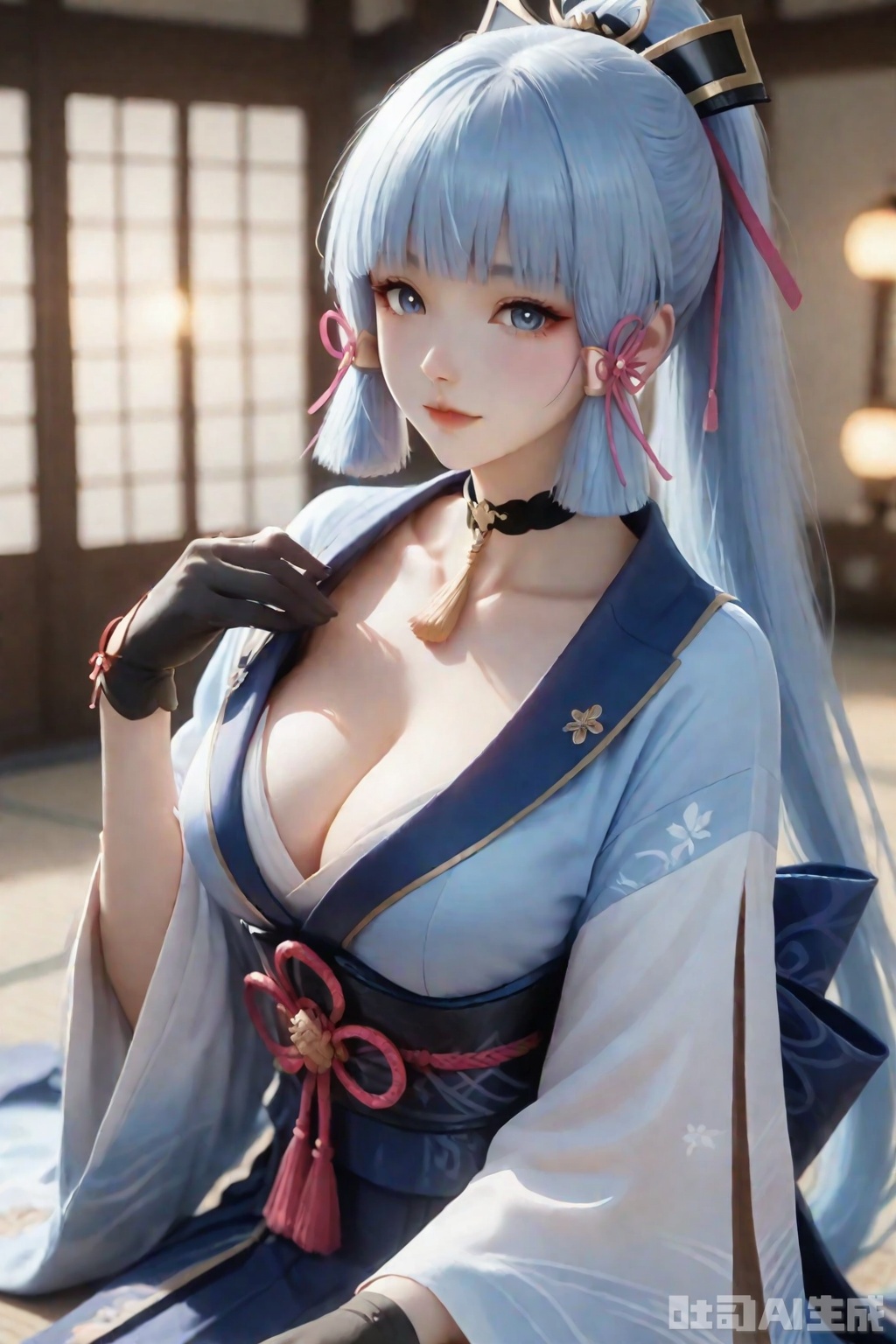 The image depicts a character with long

light blue hair styled into twin tails

each tied with pink ribbons. The character is wearing a traditional Japanese kimono

which is predominantly blue with white and gold accents. The kimono is tied with a red cord and has a decorative pattern. The character also wears a black choker with a gold pendant and black gloves. The background appears to be a traditional Japanese room with sliding doors

and there are soft

warm lights visible through the windows.

