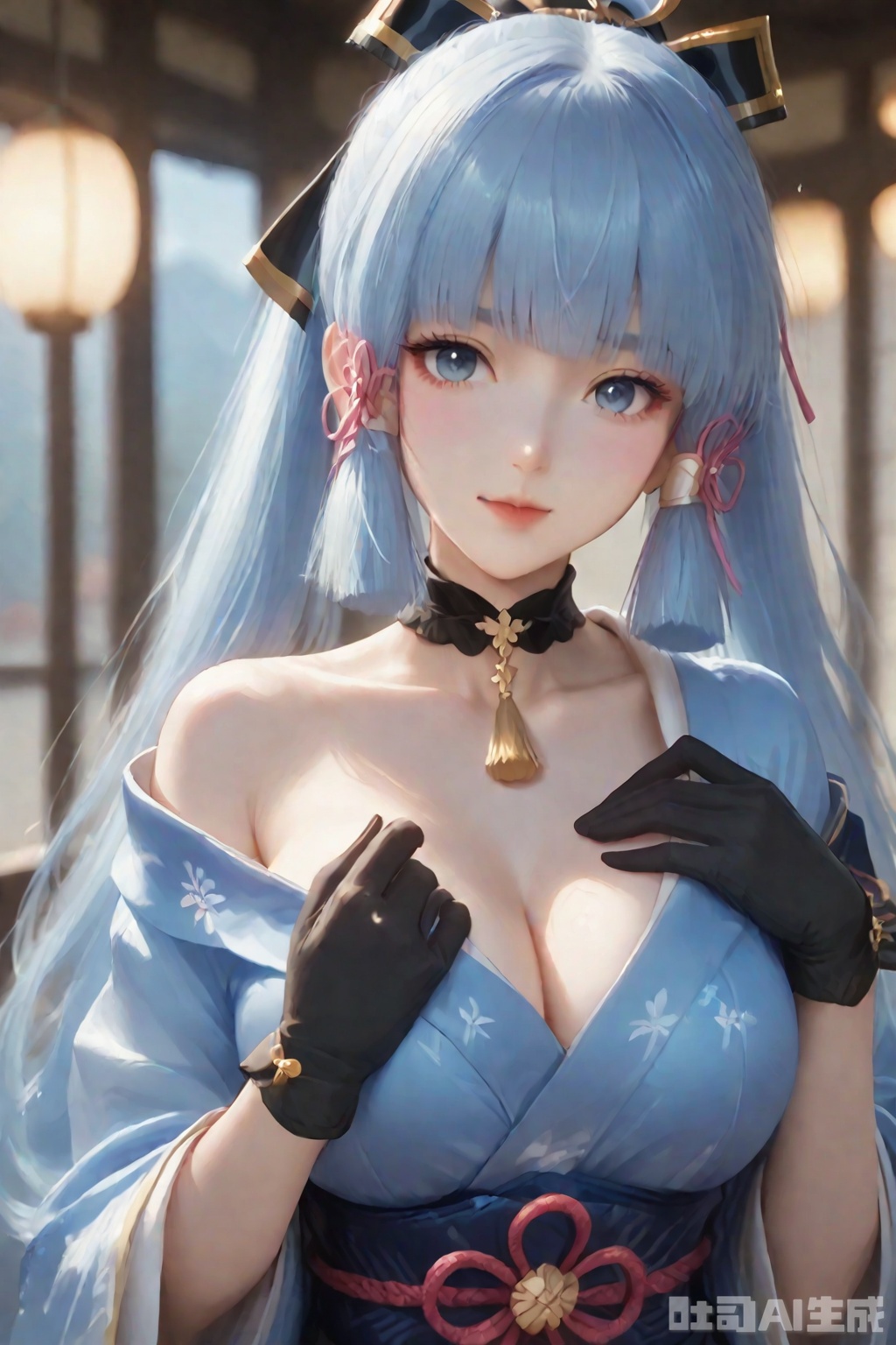 The image depicts a character with long

light blue hair styled into twin tails

each tied with pink ribbons. The character is wearing a traditional Japanese kimono

which is predominantly blue with white and gold accents. The kimono is tied with a red cord and has a decorative pattern. The character also wears a black choker with a gold pendant and black gloves. The background appears to be a traditional Japanese room with sliding doors

and there are soft

warm lights visible through the windows.

