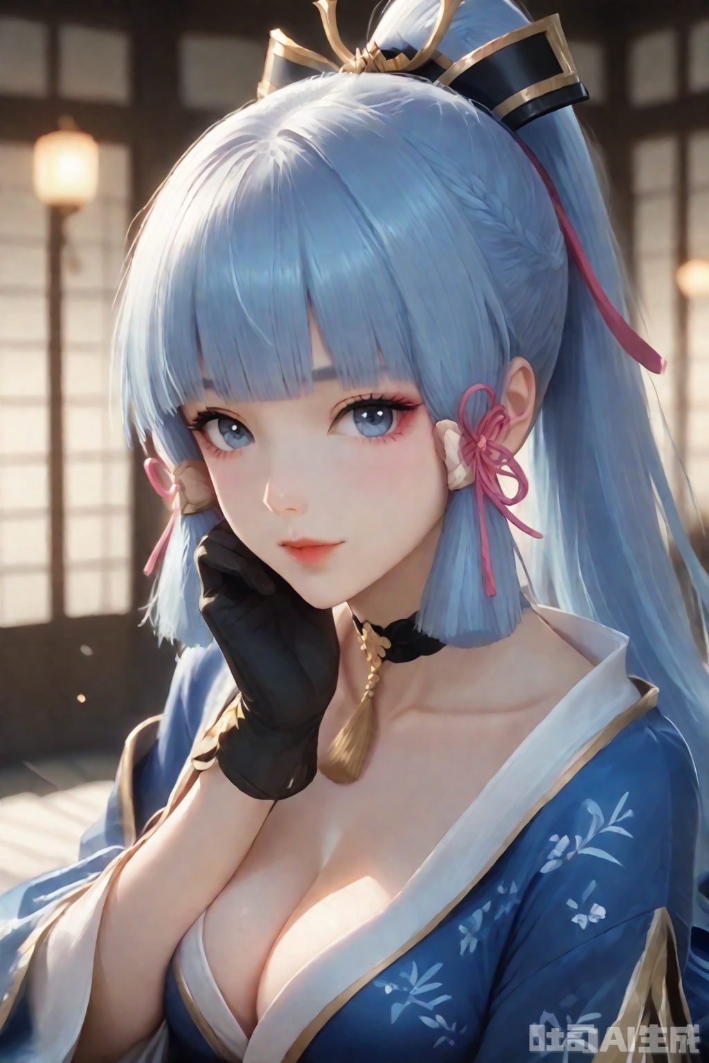 The image depicts a character with long

light blue hair styled into twin tails

each tied with pink ribbons. The character is wearing a traditional Japanese kimono

which is predominantly blue with white and gold accents. The kimono is tied with a red cord and has a decorative pattern. The character also wears a black choker with a gold pendant and black gloves. The background appears to be a traditional Japanese room with sliding doors

and there are soft

warm lights visible through the windows.

