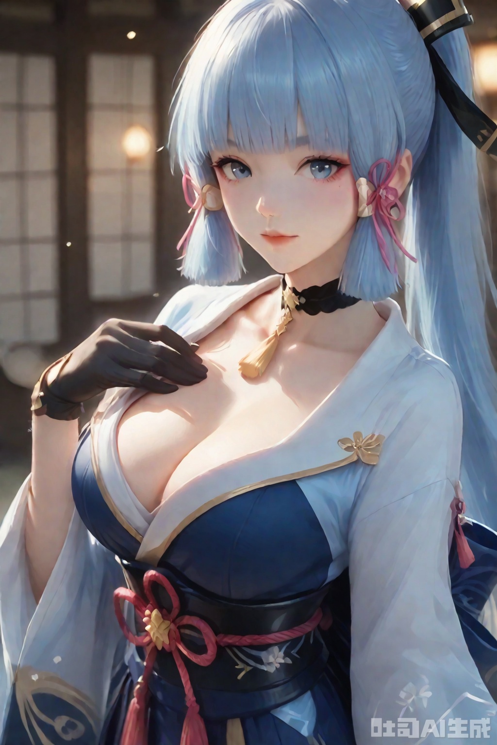 The image depicts a character with long

light blue hair styled into twin tails

each tied with pink ribbons. The character is wearing a traditional Japanese kimono

which is predominantly blue with white and gold accents. The kimono is tied with a red cord and has a decorative pattern. The character also wears a black choker with a gold pendant and black gloves. The background appears to be a traditional Japanese room with sliding doors

and there are soft

warm lights visible through the windows.

