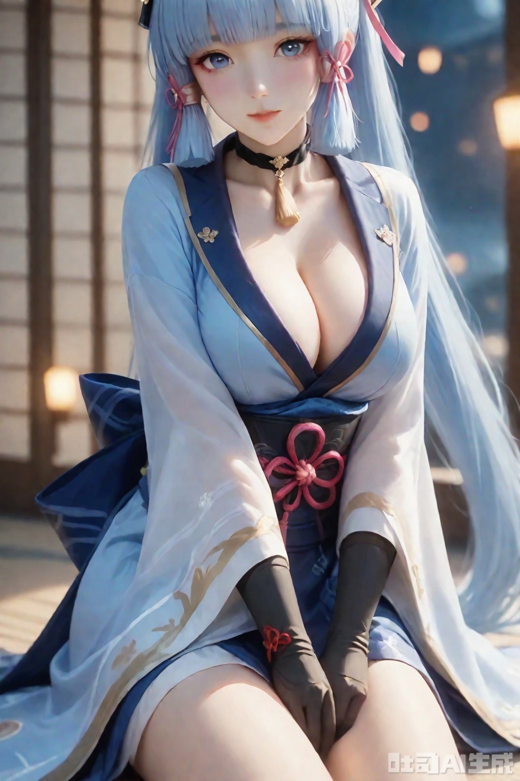 The image depicts a character with long

light blue hair styled into twin tails

each tied with pink ribbons. The character is wearing a traditional Japanese kimono

which is predominantly blue with white and gold accents. The kimono is tied with a red cord and has a decorative pattern. The character also wears a black choker with a gold pendant and black gloves. The background appears to be a traditional Japanese room with sliding doors

and there are soft

warm lights visible through the windows.

