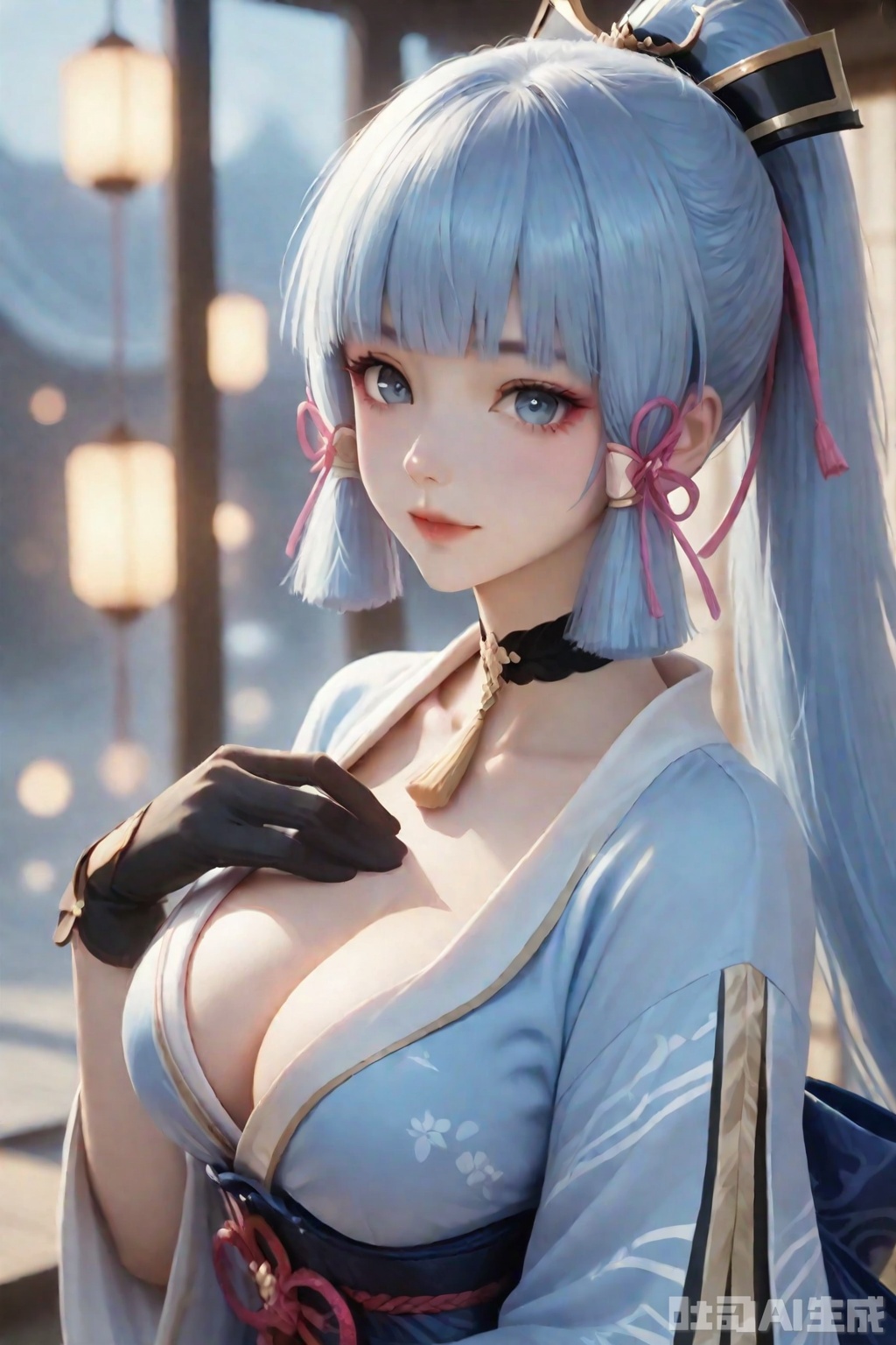 The image depicts a character with long

light blue hair styled into twin tails

each tied with pink ribbons. The character is wearing a traditional Japanese kimono

which is predominantly blue with white and gold accents. The kimono is tied with a red cord and has a decorative pattern. The character also wears a black choker with a gold pendant and black gloves. The background appears to be a traditional Japanese room with sliding doors

and there are soft

warm lights visible through the windows.

