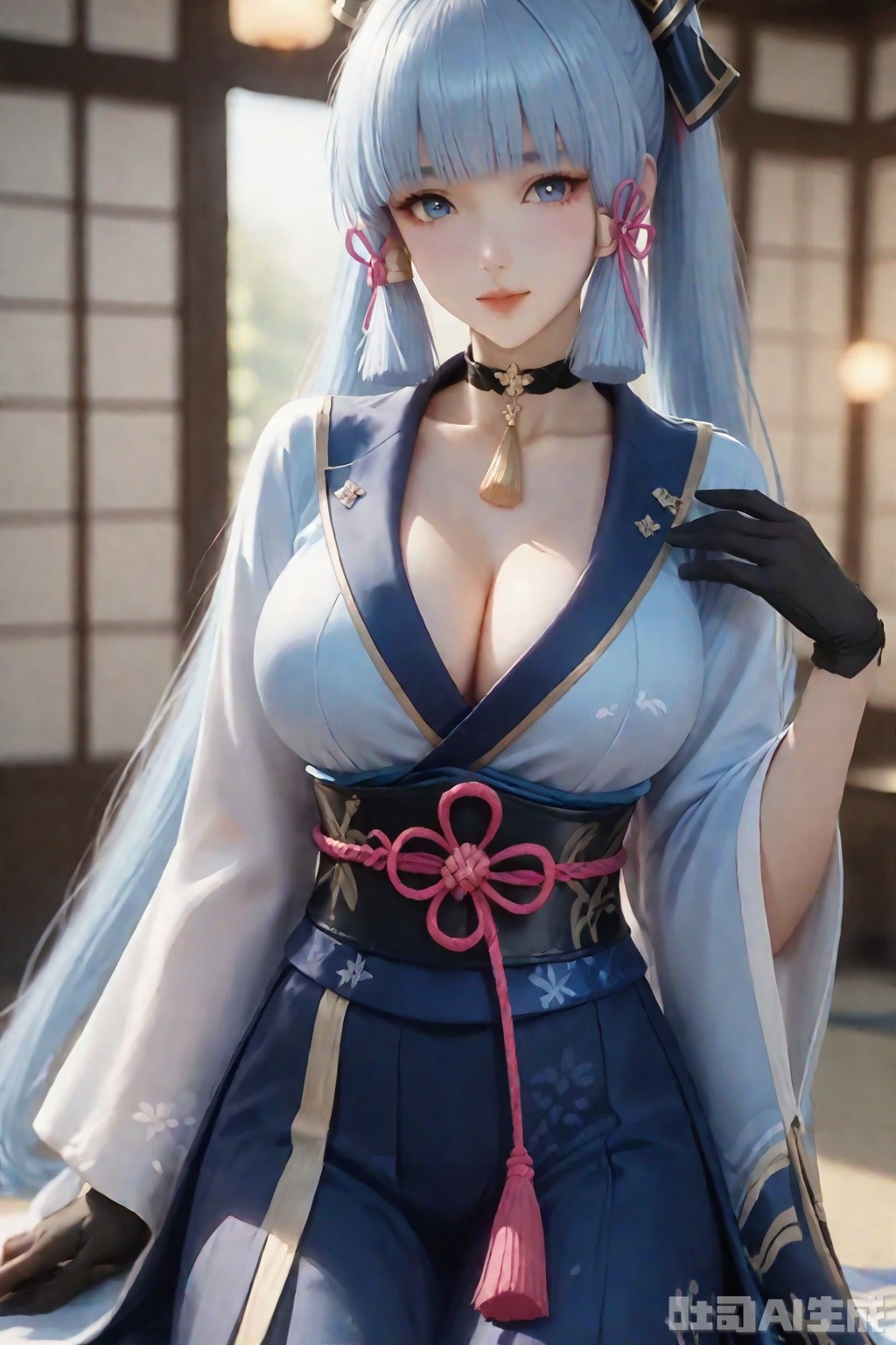 The image depicts a character with long

light blue hair styled into twin tails

each tied with pink ribbons. The character is wearing a traditional Japanese kimono

which is predominantly blue with white and gold accents. The kimono is tied with a red cord and has a decorative pattern. The character also wears a black choker with a gold pendant and black gloves. The background appears to be a traditional Japanese room with sliding doors

and there are soft

warm lights visible through the windows.


