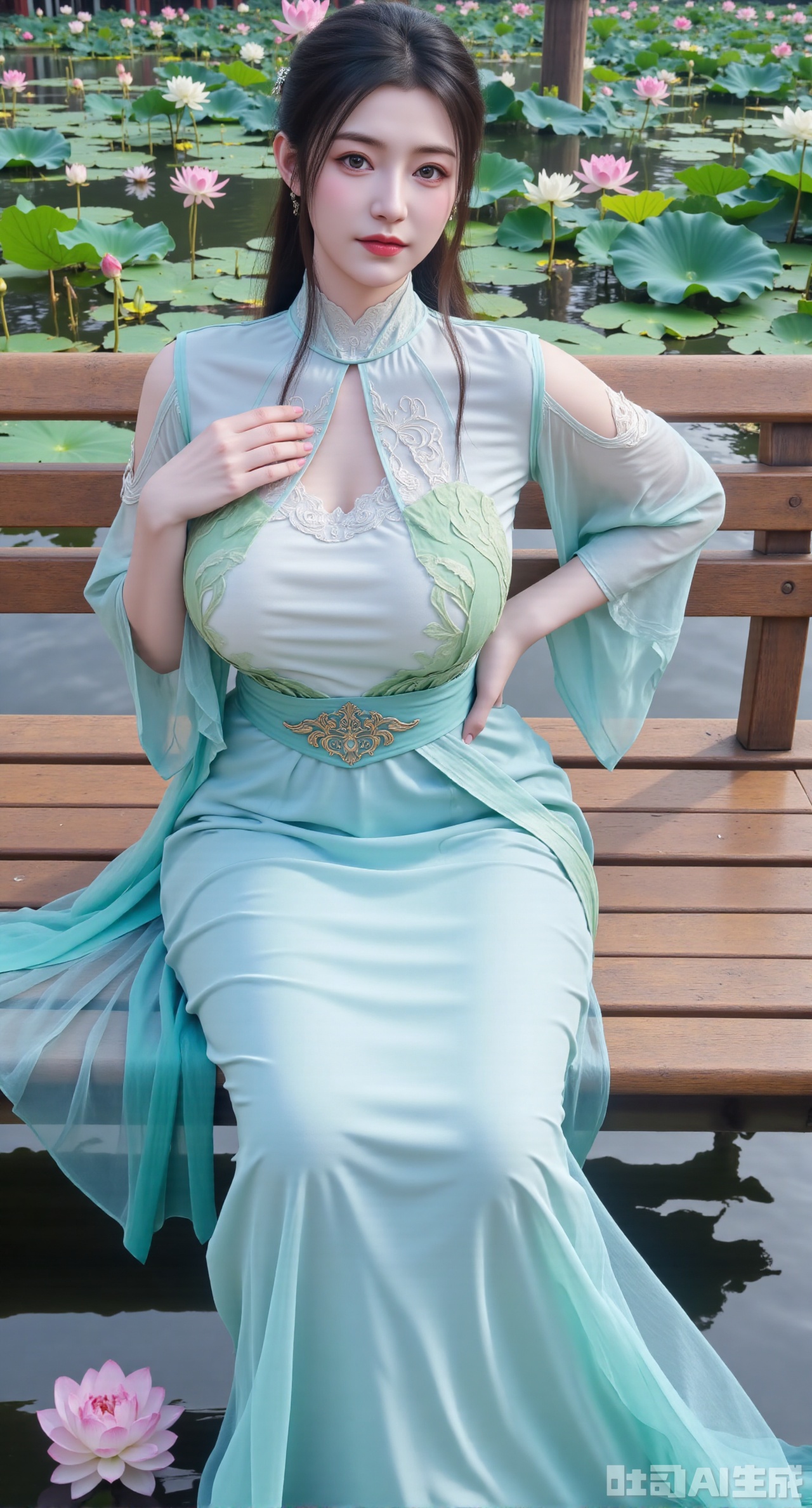 (masterpiece:1.2),best quality,The image is a digital illustration of a young woman sitting on a wooden bench in a pond with lily pads. She is wearing a long dress with design on the chest and sleeves. The dress has a high neckline and short sleeves,Holding a lotus in hand. She has long dark hair styled in loose waves and is wearing gold high heels. The woman is posing with one hand on her hip and the other resting on the edge of the bench. The background is filled with pink and white lotus flowers and green leaves. The overall mood of the image is peaceful and serene,(huge breasts:2.99),(full breasts:2.99),(Background with traditional Chinese architecture, lotus pond and pink lotus flowers:1.39),,Xhanfududou,Xsongzhihanfu,Xlujiajia
