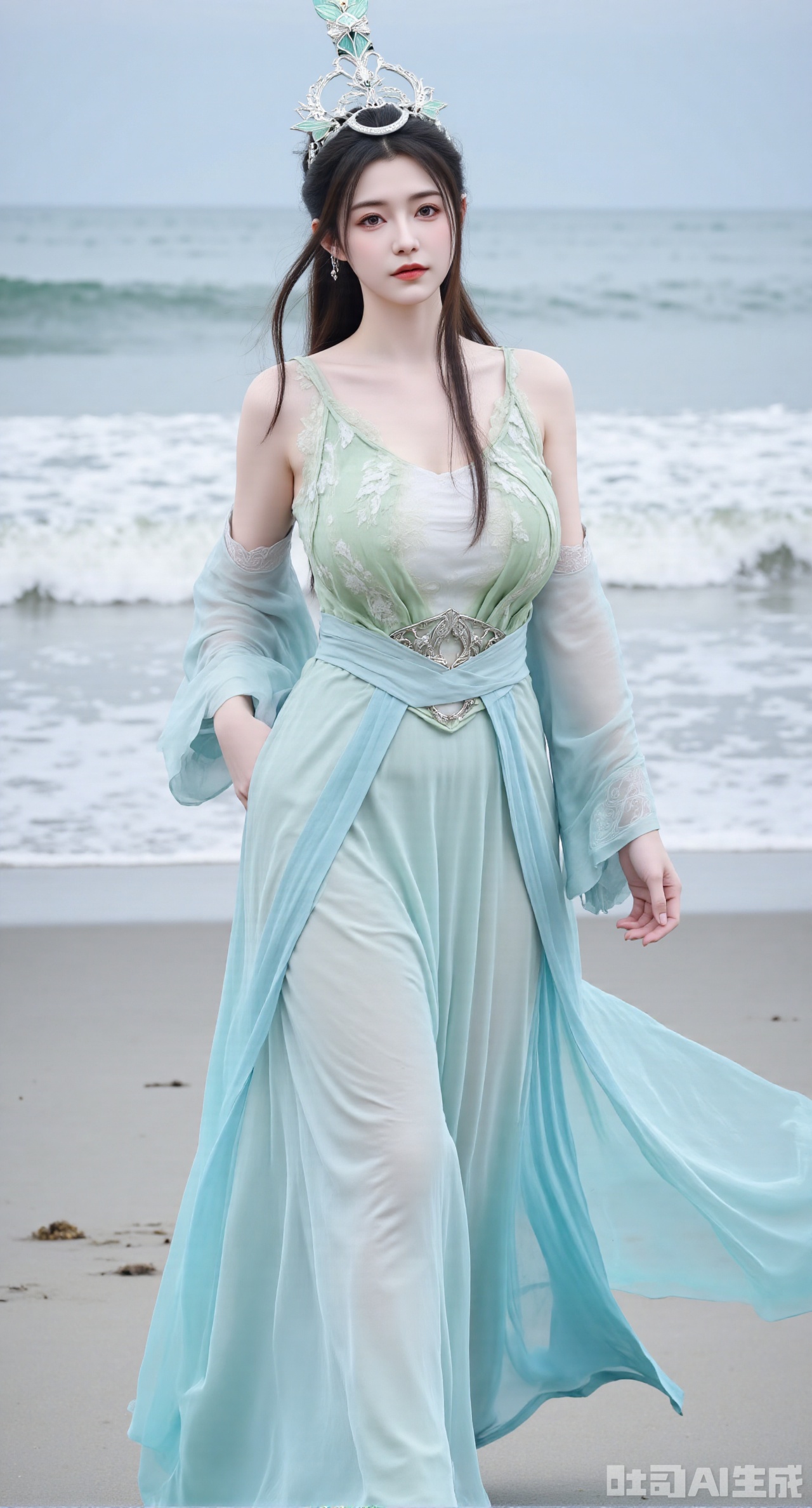 masterpiece, best quality, 1girl,solo,looking at viewer,( outdoor:1.3),sea,beach,realistic,midriff,bare shoulders,standting,hair ornament,long hair,jewelry,long dress,cowboy shot, (huge breasts, full breasts:2.69),hanfududou,Xsongzhihanfu,Xlujiajia