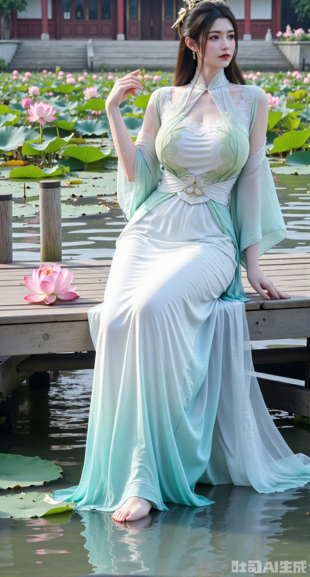 (masterpiece:1.2),best quality,The image is a digital illustration of a young woman sitting on a wooden bench in a pond with lily pads. She is wearing a long dress with design on the chest and sleeves. The dress has a high neckline and short sleeves,Holding a lotus in hand. She has long dark hair styled in loose waves and is wearing gold high heels. The woman is posing with one hand on her hip and the other resting on the edge of the bench. The background is filled with pink and white lotus flowers and green leaves. The overall mood of the image is peaceful and serene,(huge breasts:2.99),(full breasts:2.99),(Background with traditional Chinese architecture, lotus pond and pink lotus flowers:1.39),,Xhanfududou,Xsongzhihanfu,Xlujiajia