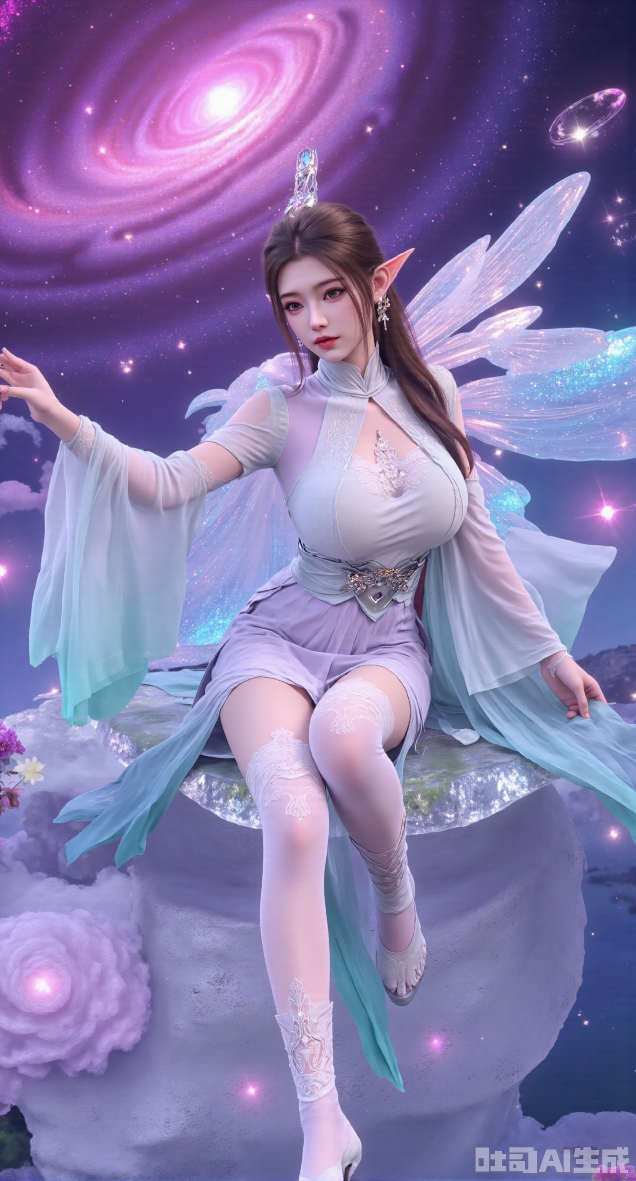 (masterpiece, best quality:1.2),1girl,looking_at_viewer,huge_breasts,,long legs,realistic,A captivating fantasy elf portrait set in a surreal, floating garden in the sky. The elf, with iridescent, translucent wings like those of a dragonfly, sits gracefully on a floating crystal lily pad. Her flowing hair shimmers with every color of the rainbow and cascades down, merging with the floating flora around her. Her eyes are deep pools of starlight, and her delicate, silver gown is adorned with tiny, twinkling constellations. The garden is filled with glowing, bioluminescent flowers and whimsical, hovering orbs of light. The backdrop features a swirling nebula sky with vibrant hues of pink and purple, creating a dreamlike, cosmic atmosphere. The portrait combines elements of ethereal beauty and celestial wonder, blending fantasy with a touch of otherworldly magic.,high_heel,, argyle legwear,star \(symbol\,yeqingxian,brown hair,(huge breasts:2.99),(full breasts:2.99),hanfududou,Xsongzhihanfu,Xlujiajia