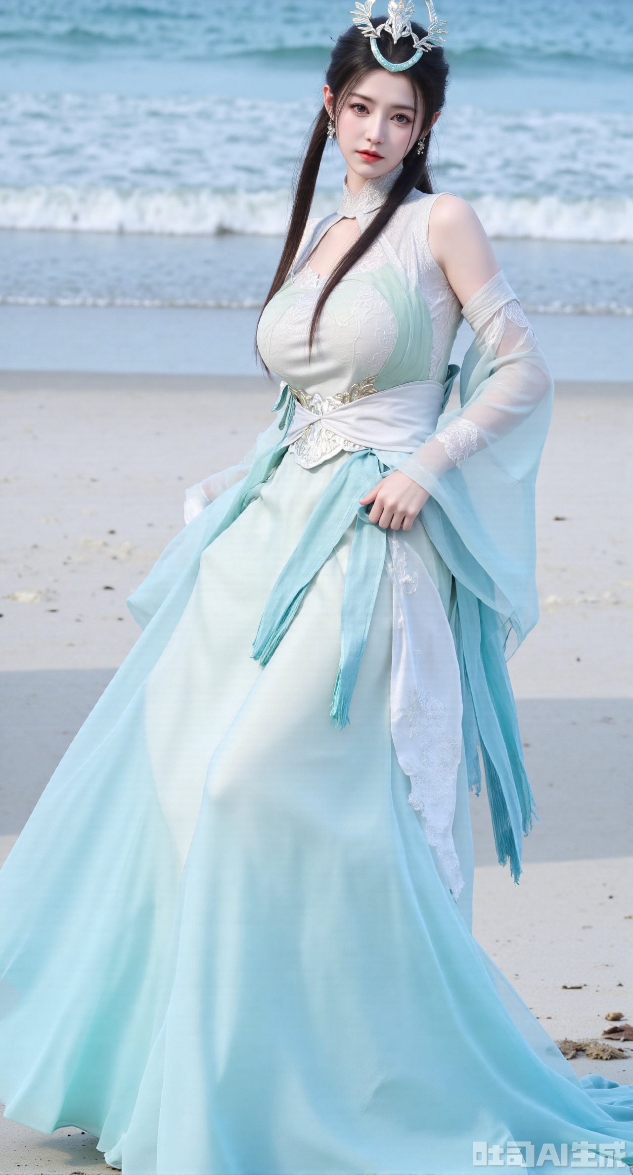 masterpiece, best quality, 1girl,solo,looking at viewer,( outdoor:1.3),sea,beach,realistic,midriff,bare shoulders,standting,hair ornament,long hair,jewelry,long dress,cowboy shot, (huge breasts, full breasts:2.69),hanfududou,Xsongzhihanfu,Xlujiajia
