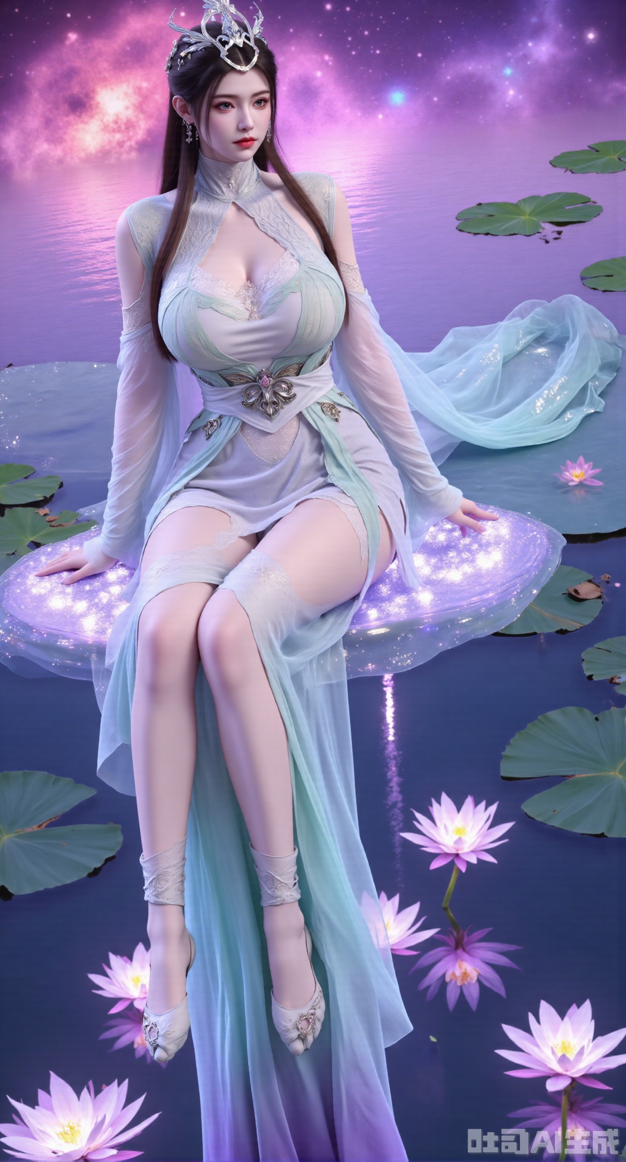 (masterpiece, best quality:1.2),1girl,looking_at_viewer,huge_breasts,,long legs,realistic,A captivating fantasy elf portrait set in a surreal, floating garden in the sky. The elf, with iridescent, translucent wings like those of a dragonfly, sits gracefully on a floating crystal lily pad. Her flowing hair shimmers with every color of the rainbow and cascades down, merging with the floating flora around her. Her eyes are deep pools of starlight, and her delicate, silver gown is adorned with tiny, twinkling constellations. The garden is filled with glowing, bioluminescent flowers and whimsical, hovering orbs of light. The backdrop features a swirling nebula sky with vibrant hues of pink and purple, creating a dreamlike, cosmic atmosphere. The portrait combines elements of ethereal beauty and celestial wonder, blending fantasy with a touch of otherworldly magic.,high_heel,, argyle legwear,star \(symbol\,yeqingxian,brown hair,(huge breasts:2.99),(full breasts:2.99),hanfududou,Xsongzhihanfu,Xlujiajia