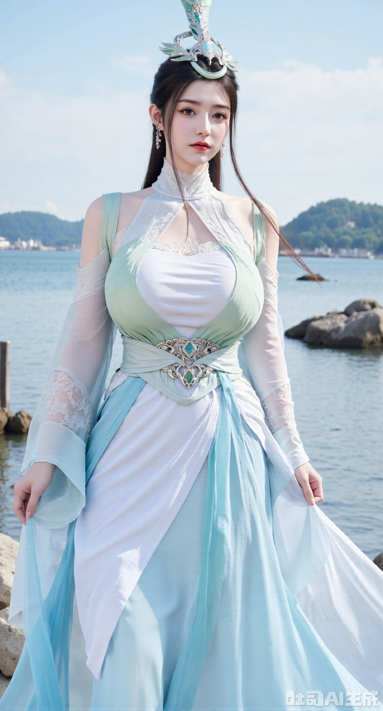 masterpiece, best quality, 1girl,solo,looking at viewer,( outdoor:1.3),sea,beach,realistic,midriff,bare shoulders,standting,hair ornament,long hair,jewelry,long dress,cowboy shot, (huge breasts, full breasts:2.69),hanfududou,Xsongzhihanfu,Xlujiajia