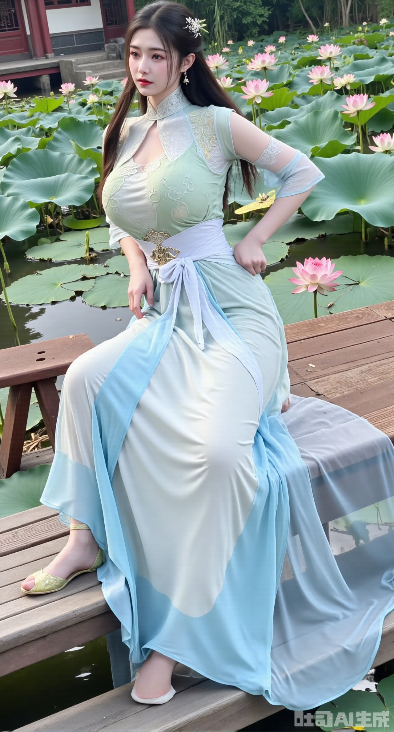 (masterpiece:1.2),best quality,The image is a digital illustration of a young woman sitting on a wooden bench in a pond with lily pads. She is wearing a long dress with design on the chest and sleeves. The dress has a high neckline and short sleeves,Holding a lotus in hand. She has long dark hair styled in loose waves and is wearing gold high heels. The woman is posing with one hand on her hip and the other resting on the edge of the bench. The background is filled with pink and white lotus flowers and green leaves. The overall mood of the image is peaceful and serene,(huge breasts:2.99),(full breasts:2.99),(Background with traditional Chinese architecture, lotus pond and pink lotus flowers:1.39),,Xhanfududou,Xsongzhihanfu,Xlujiajia