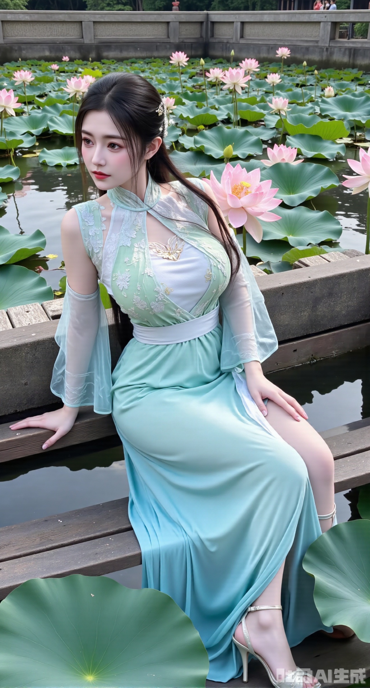 (masterpiece:1.2),best quality,The image is a digital illustration of a young woman sitting on a wooden bench in a pond with lily pads. She is wearing a long dress with design on the chest and sleeves. The dress has a high neckline and short sleeves,Holding a lotus in hand. She has long dark hair styled in loose waves and is wearing gold high heels. The woman is posing with one hand on her hip and the other resting on the edge of the bench. The background is filled with pink and white lotus flowers and green leaves. The overall mood of the image is peaceful and serene,(huge breasts:2.99),(full breasts:2.99),(Background with traditional Chinese architecture, lotus pond and pink lotus flowers:1.39),,Xhanfududou,Xsongzhihanfu,Xlujiajia