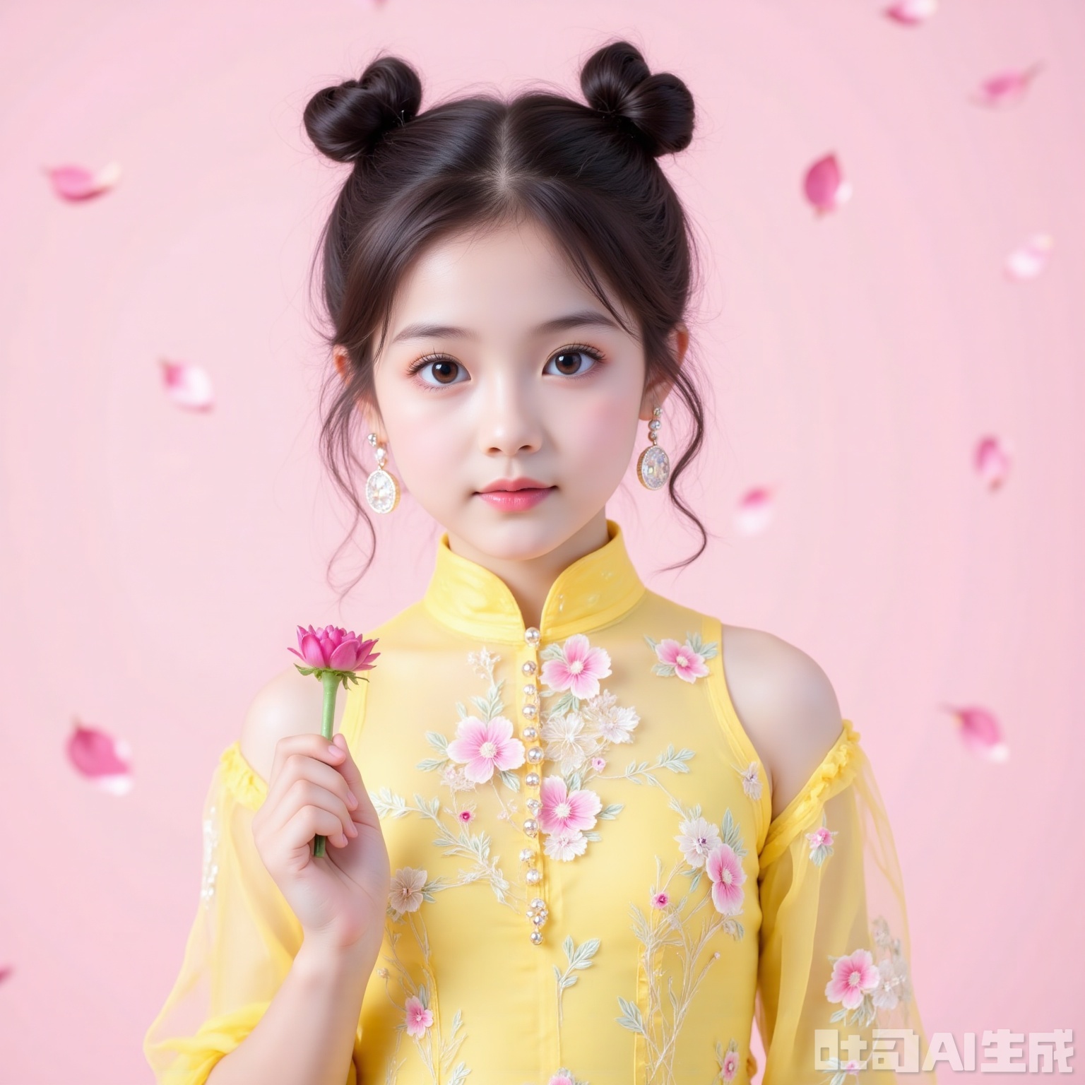 The image depicts a young girl with large, expressive eyes wearing a traditional yellow dress adorned with floral patterns. She has her hair styled into two high buns, and she is holding a pink flower in her right hand. Her ears are decorated with dangling earrings that feature floral designs. The background is a soft, pastel pink, and there are subtle petals floating around her, giving a sense of a gentle, serene atmosphere.