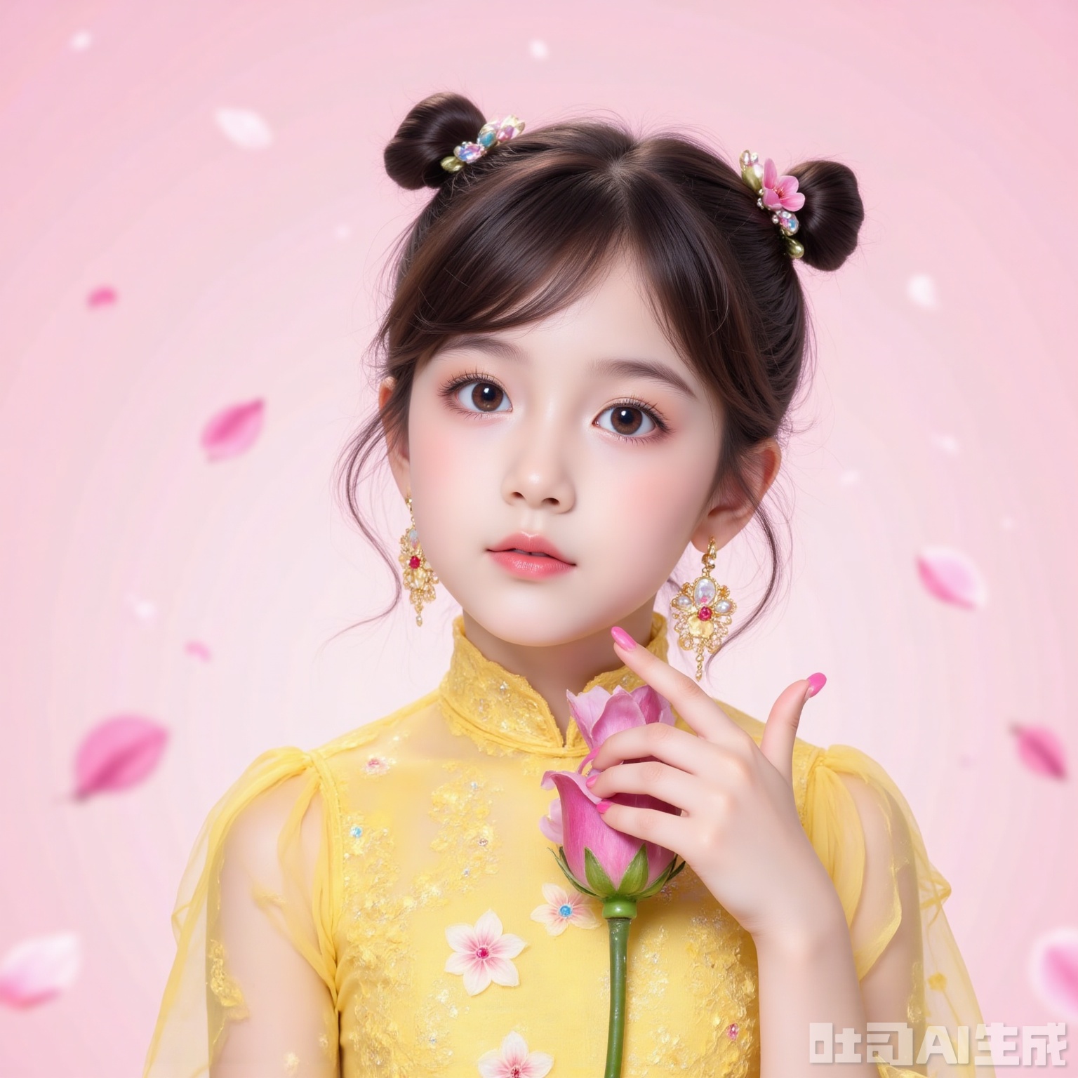 The image depicts a young girl with large, expressive eyes wearing a traditional yellow dress adorned with floral patterns. She has her hair styled into two high buns, and she is holding a pink flower in her right hand. Her ears are decorated with dangling earrings that feature floral designs. The background is a soft, pastel pink, and there are subtle petals floating around her, giving a sense of a gentle, serene atmosphere.