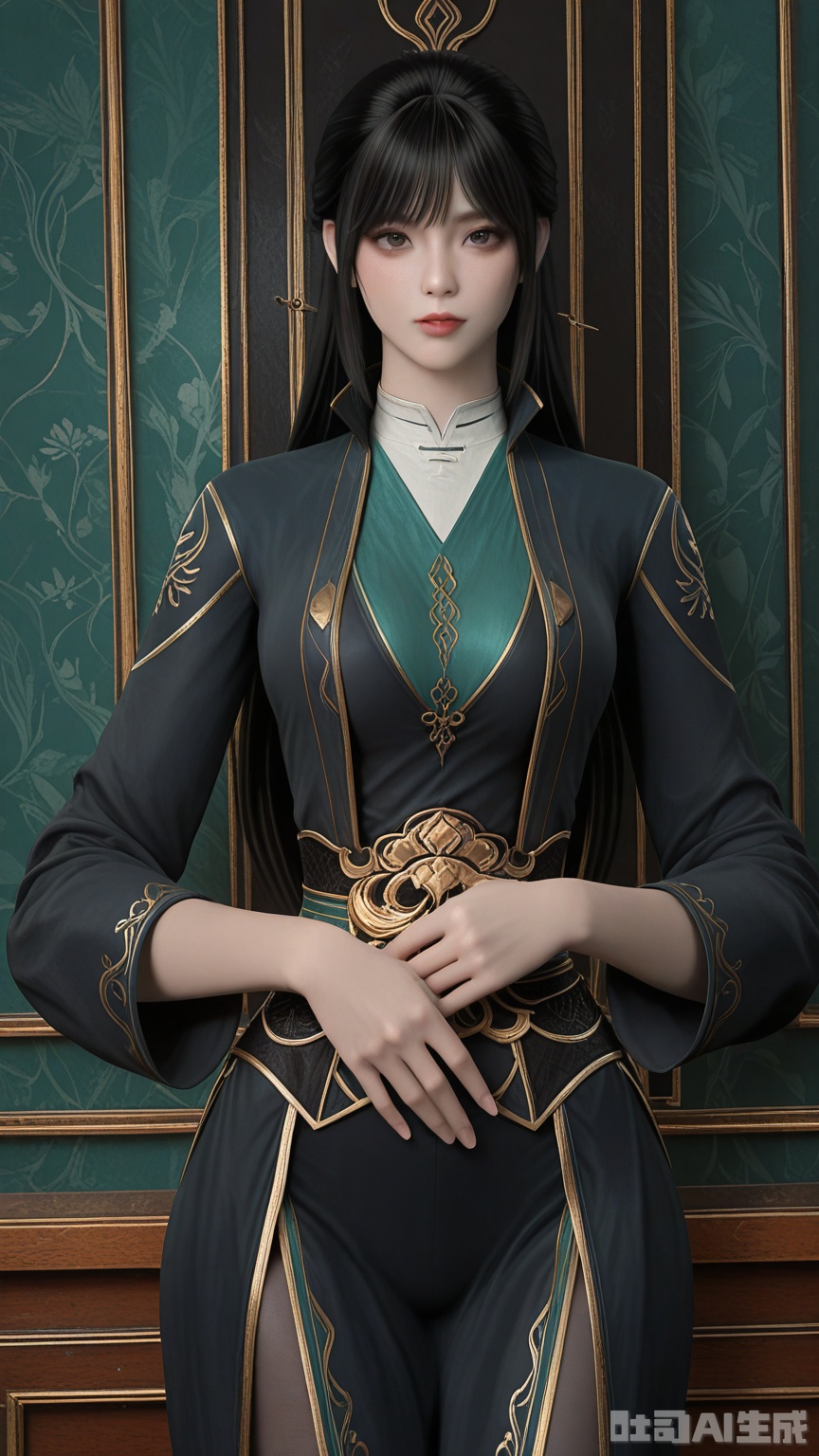 general, sfw, 1woman, black hair, solo, breast, exquisite skin, looking at viewer, cowboy_shot, very awa, masterpiece, best quality, highres, absurdres, newest, aesthetic,  Glossy background