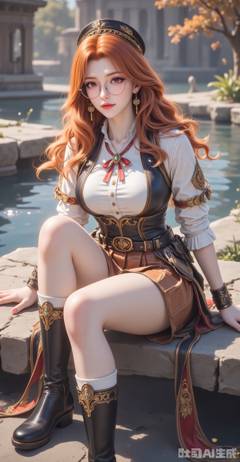 juzijie,jewelry,earrings,brown eyes,orange hair,glasses,round eyewear,brown hair,wavy hair,hat,1girl,solo,glasses,skirt,jewelry,sitting,long hair,hat,pleated skirt,boots,round eyewear,shirt,looking at viewer,earrings,breasts,orange hair,water,white shirt,black footwear,outdoors,brown skirt,black headwear,brown eyes,socks,belt,white socks,black nails,short sleeves,lips,knee boots,nail polish,parted bangs,large breasts,miniskirt,4,cover,gradient background,close-up details,outstanding style,adding a touch of dimension to your images without compromising details,close-up. lvjing,