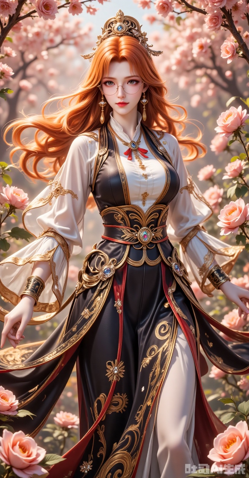 This enchanting 8K portrait captures a flame-haired beauty dancing gracefully amidst a sea of blooming roses. Her cascading orange tresses shimmer with a pearlescent glow, adorned with delicate silver ornaments that complement the round-framed glasses perched on her nose, adding an intellectual charm to her allure. Those mesmerizing gray eyes, glowing with a subtle pink radiance behind the lenses, captivate the viewer, while her glistening ruby lips - dewy as morning roses kissed by dawn - exude sensual elegance.

The exquisitely crafted traditional Chinese gown drapes her graceful form, its sculpted silhouette accentuating every curve as she twirls. Flowing black patterns dance across the skirt like ink on silk, while embedded gemstones scatter prismatic light with each movement. The billowing sleeves - a harmonious blend of sheer gauze and luxurious brocade - trail behind her like butterfly wings, their sapphire-studded cuffs tracing celestial arcs that sparkle in the sunlight.

In this vibrant rose garden, countless blossoms burst into full bloom, creating a swirling tempest of petals that frame her divine dance. Shot from a dramatic low angle with exquisite backlighting, every element conspires to compose a visual symphony where nature's splendor and human artistry become one. The breathtaking 8K resolution captures each individual petal, each sparkle of gemstone, transforming this fleeting moment into an eternal dream of beauty and grace. lvjing,